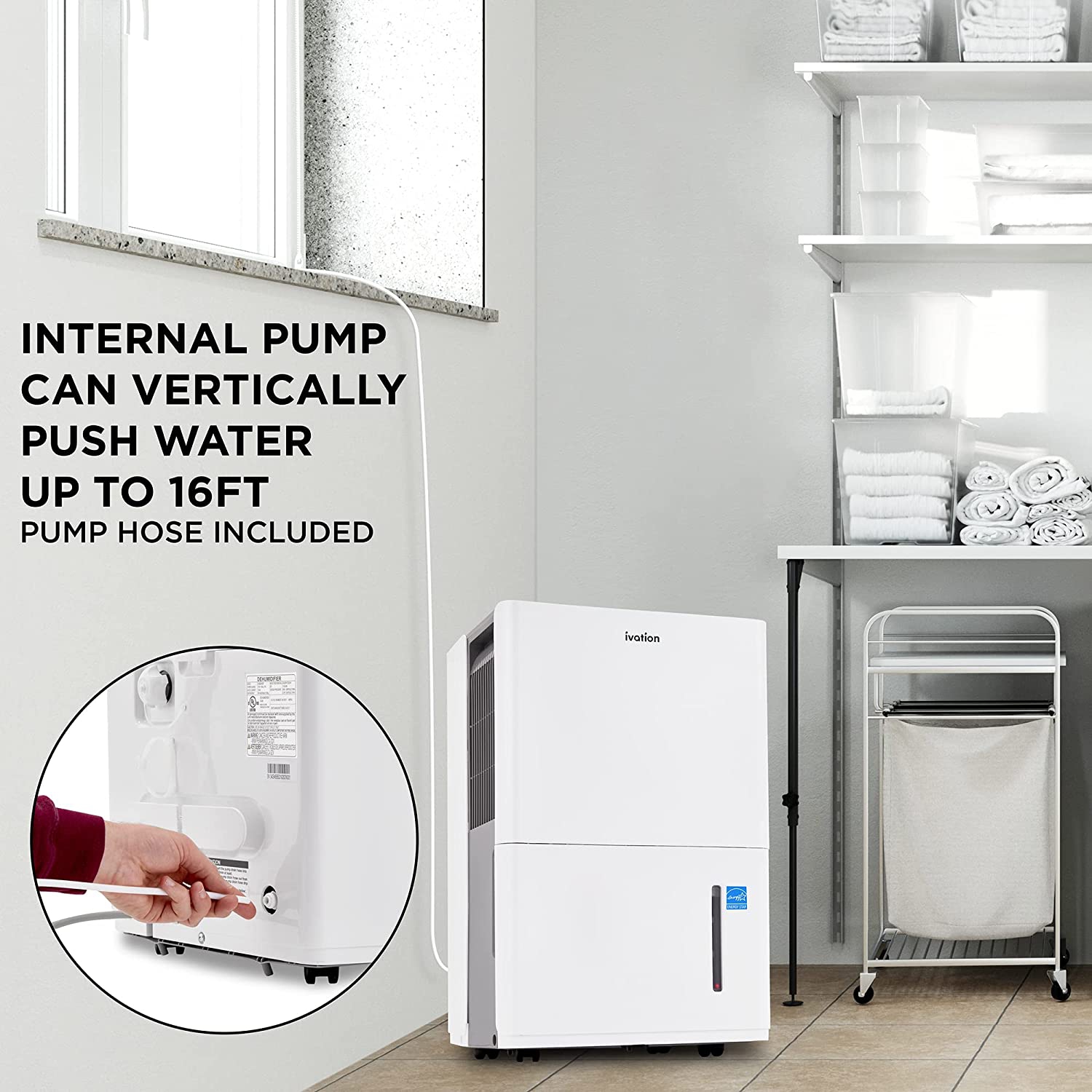 Ivation, 4,500 pi2 Déshumidificateur Energy Star avec pompe, compresseur à grande capacité pour les grandes pièces et les sous-sols avec raccord de