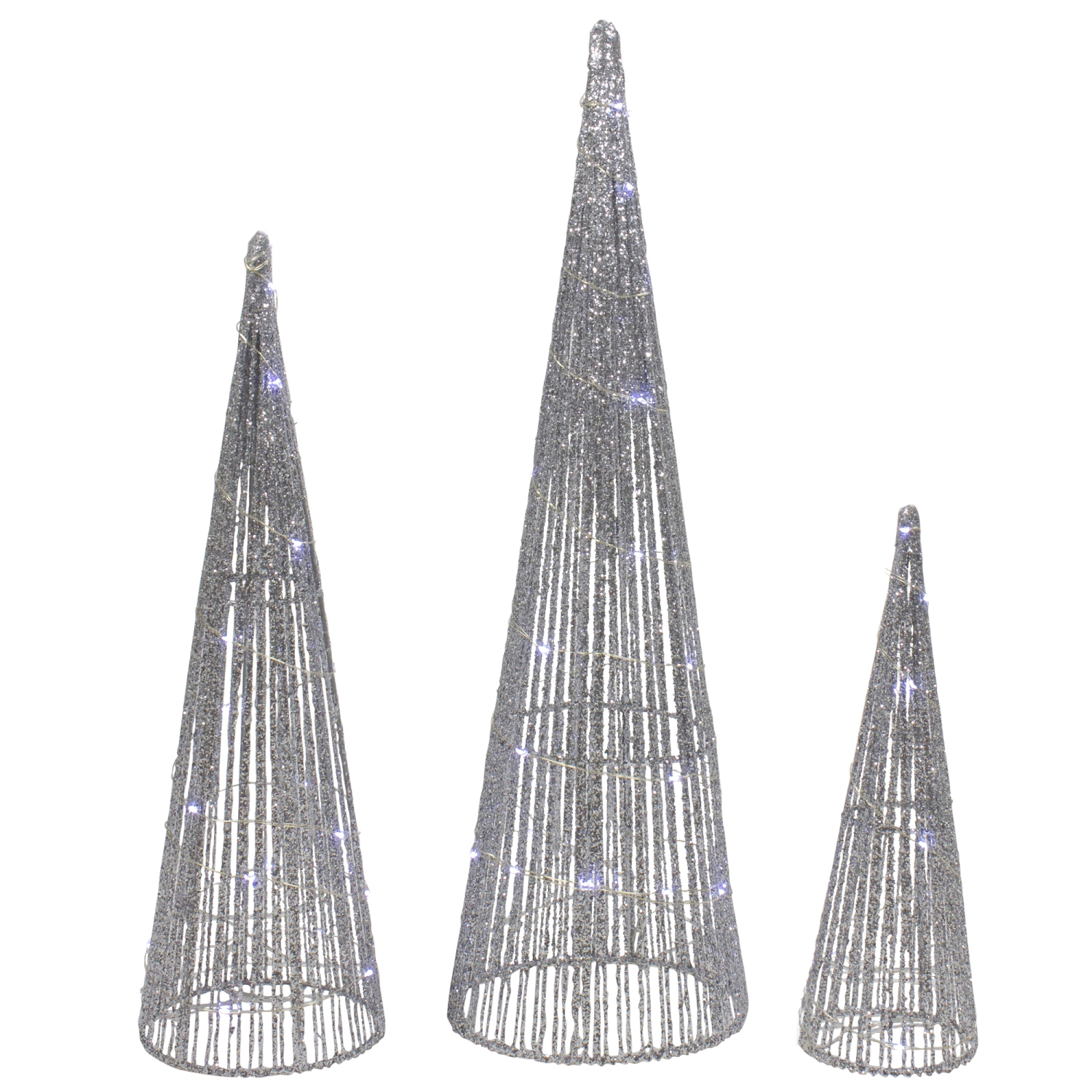 Set of 3 LED Lighted Silver Glitter Cone Tree Outdoor Christmas Decorations 23.5"