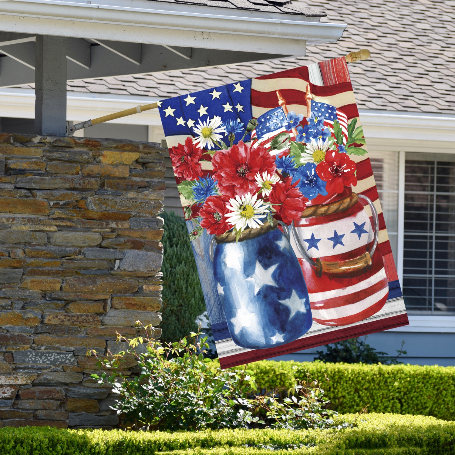 Patriotic Americana Floral Bouquet Outdoor House Flag 28" x 40"