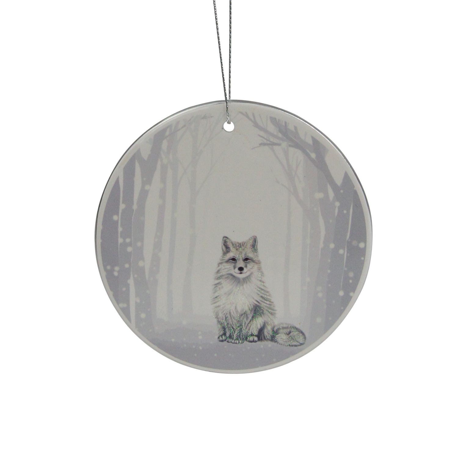 4" White and Silver Arctic Fox Porcelain Disc Christmas Ornament