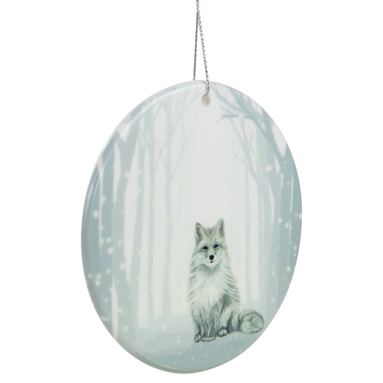 4" White and Silver Arctic Fox Porcelain Disc Christmas Ornament