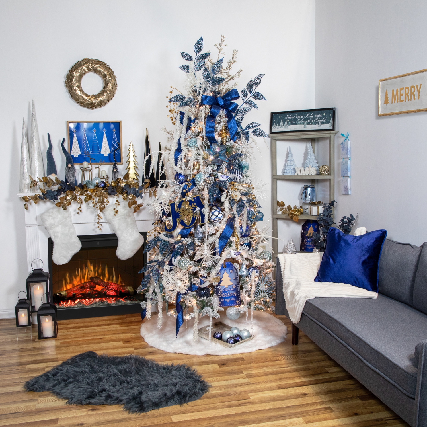 20" Blue and Gold Triangular Christmas Tree Tabletop Decor