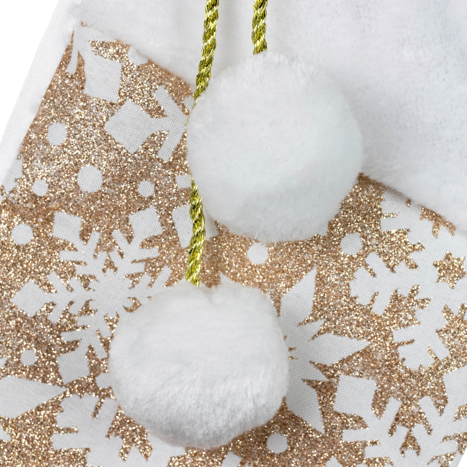 Bas de Noël scintillant doré de 20.5 po avec flocons de neige et pompons