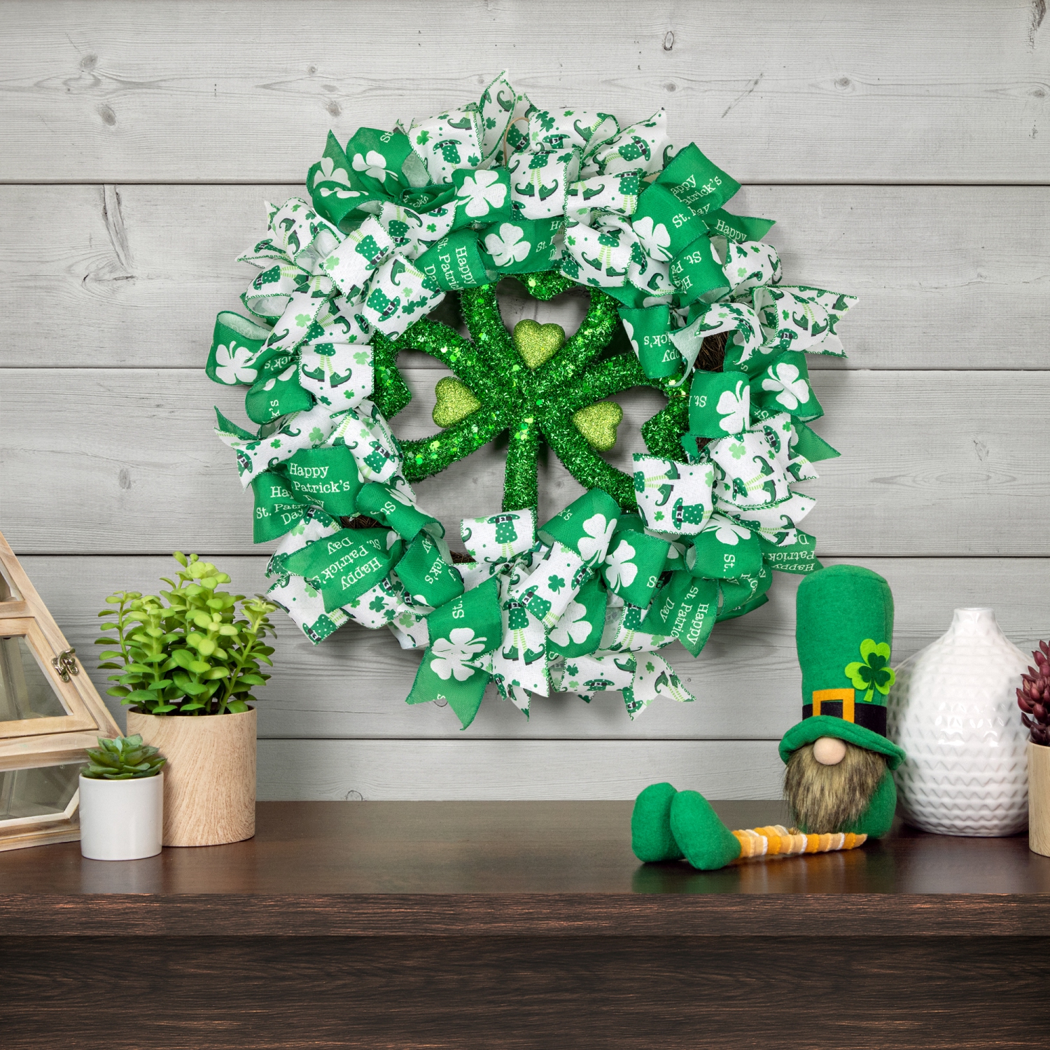 Shamrocks and Ribbons St. Patrick's Day Wreath, 24-Inch, Unlit