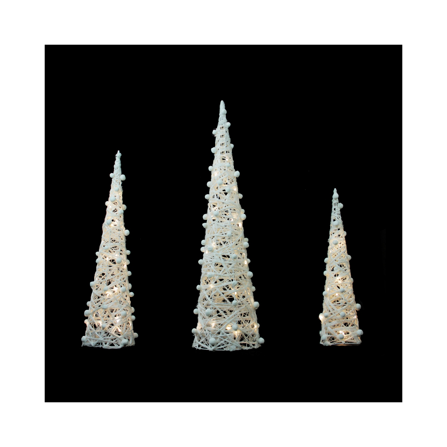 Set of 3 LED Lighted White and Silver Cone Tree Christmas Decoration 39.25"