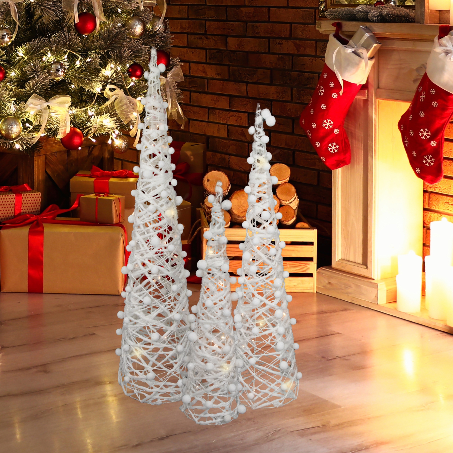 Set of 3 LED Lighted White and Silver Cone Tree Christmas Decoration 39.25"