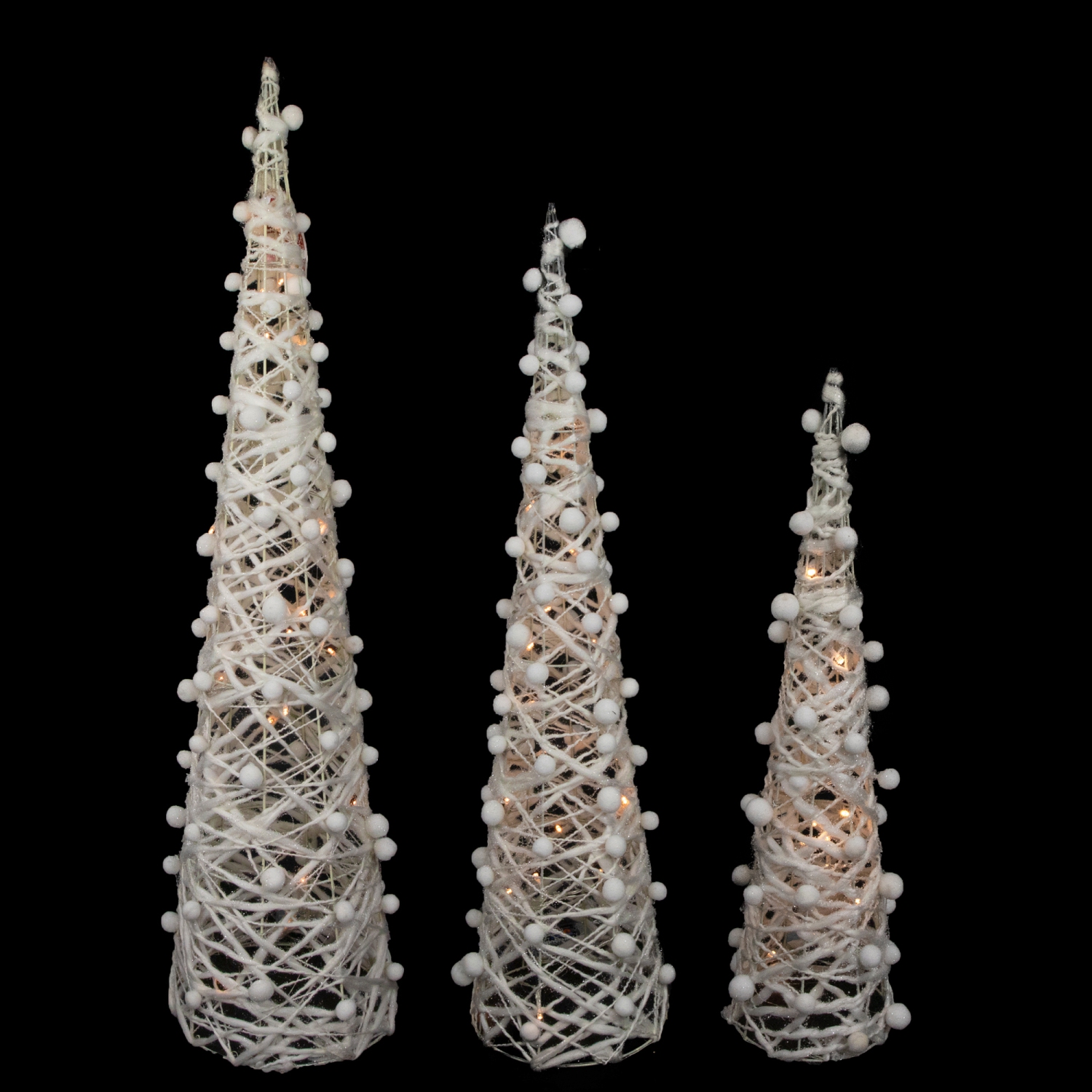 Set of 3 LED Lighted White and Silver Cone Tree Christmas Decoration 39.25"