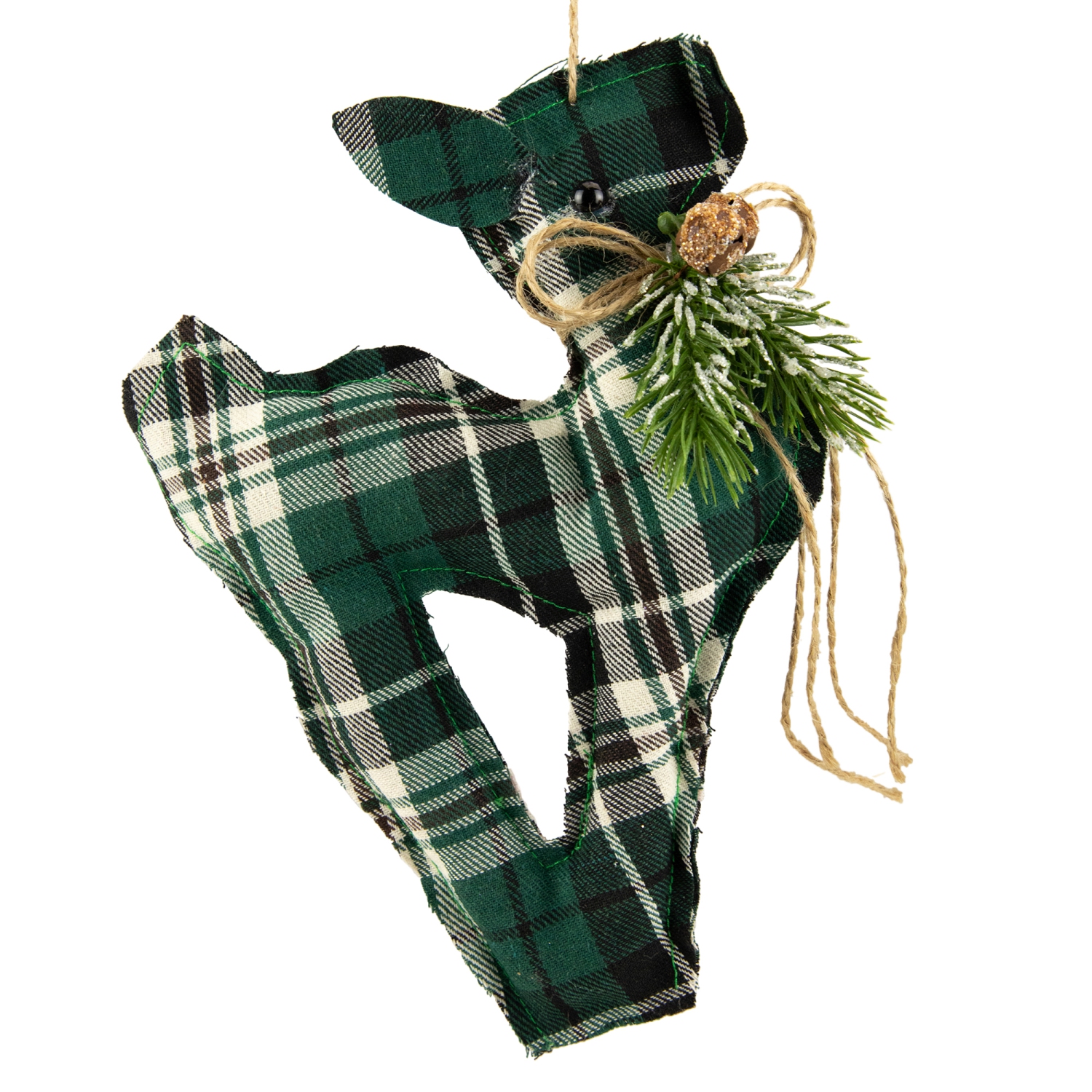 7.75" Green Plaid Fabric Deer with Pine Christmas Ornament