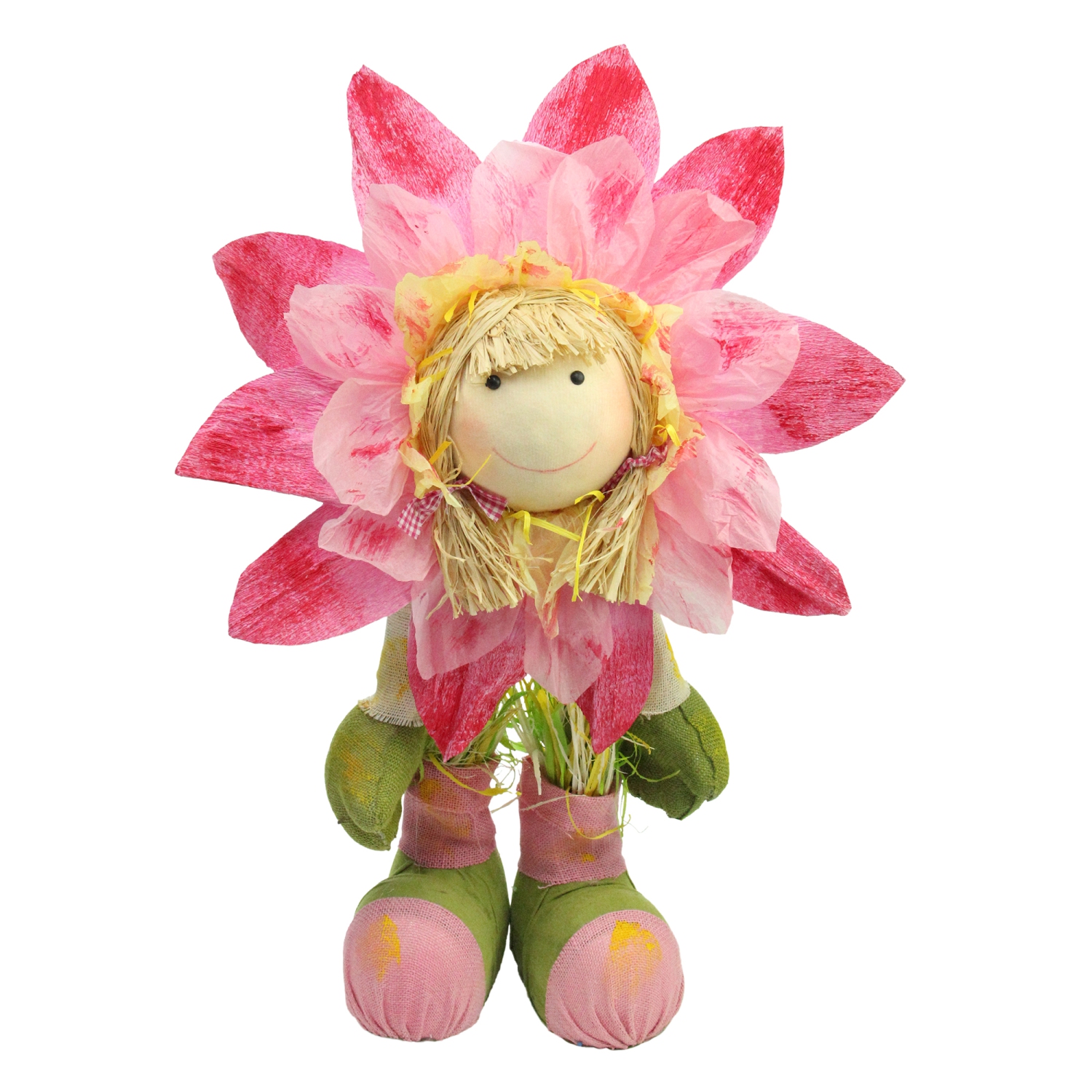 29" Pink, Green and Yellow Spring Floral Standing Sunflower Girl Decorative Figure