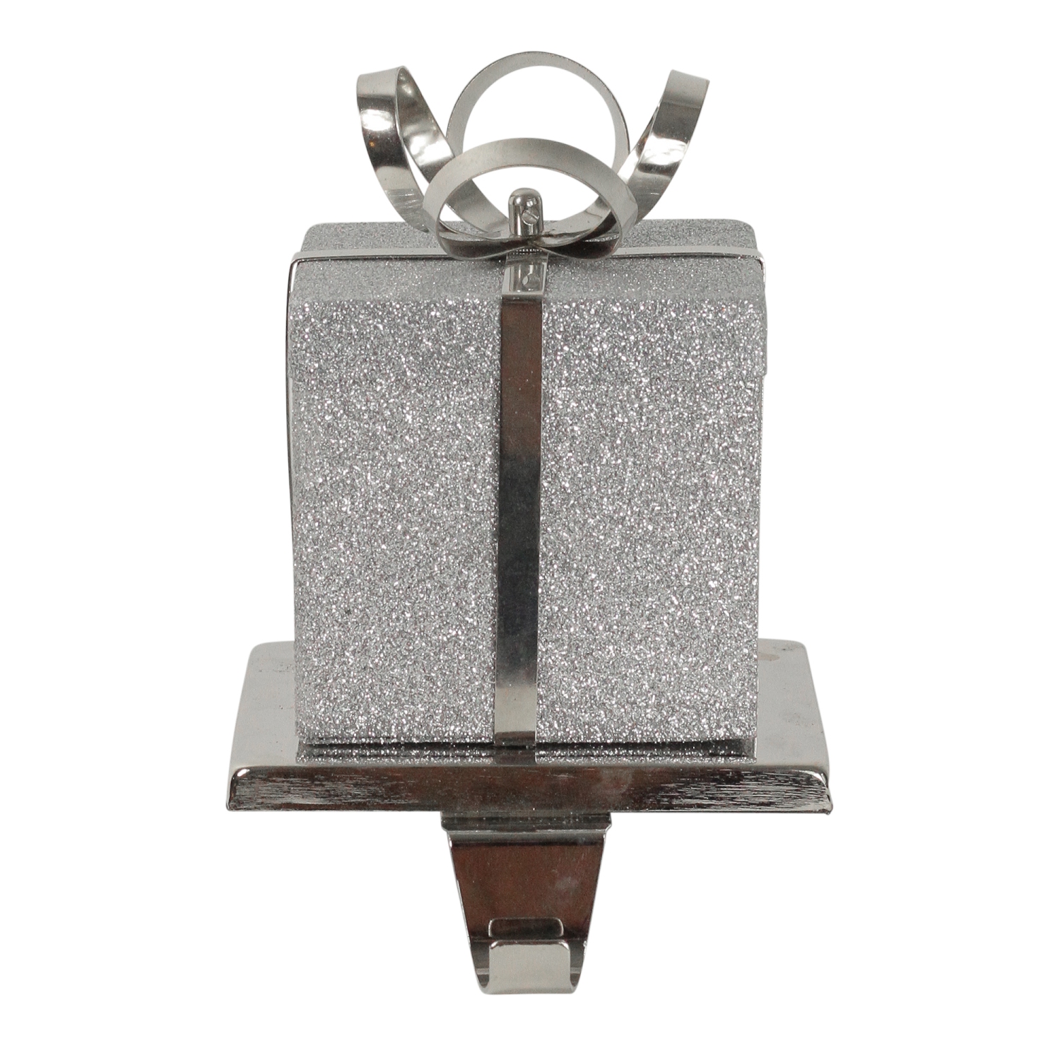 6" Silver Glittered Gift Box with Bow Christmas Stocking Holder