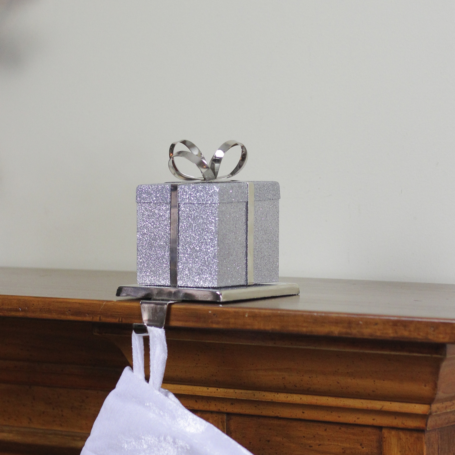 6" Silver Glittered Gift Box with Bow Christmas Stocking Holder