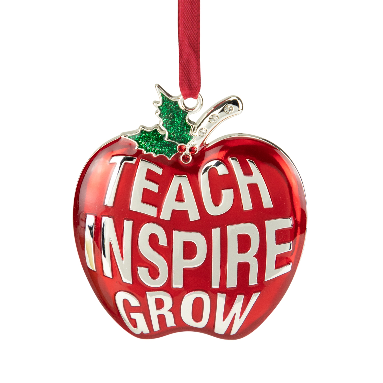 3.25" Red and Silver Plated Apple Teacher Christmas Ornament with European Crystals