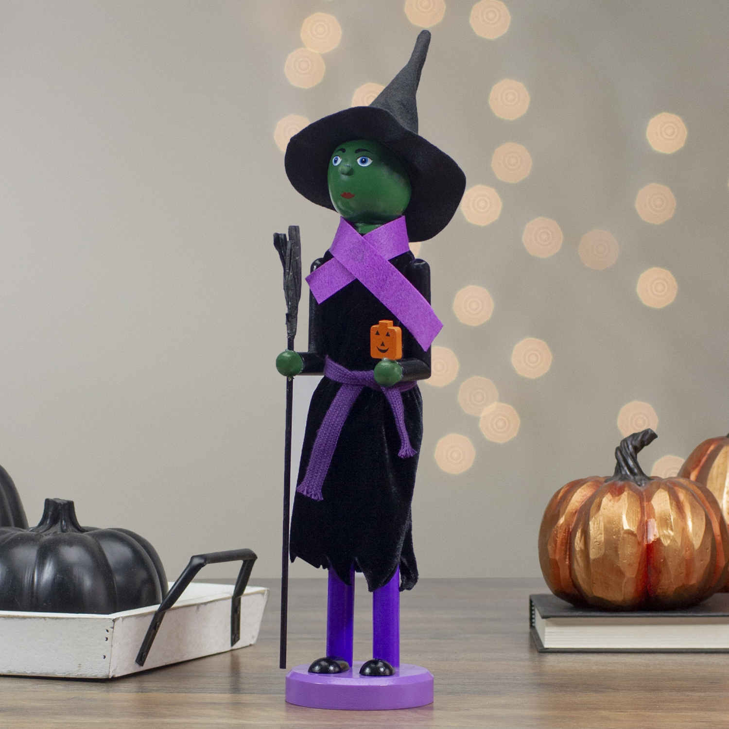 14" Black and Green Witch Jack-O-Lantern Halloween Nutcracker with Broom