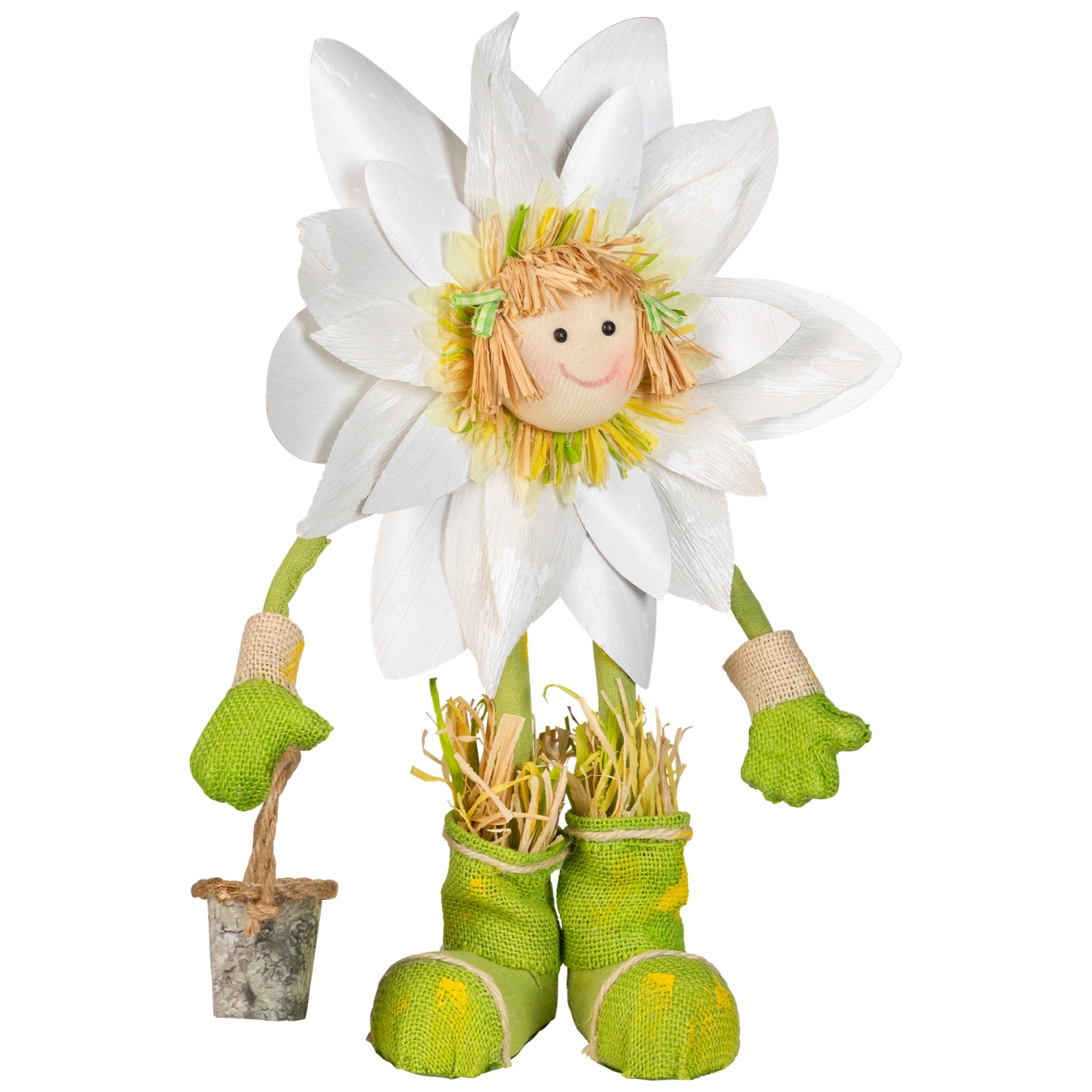 17" White, Green and Yellow Spring Floral Standing Sunflower Girl Decorative Figure