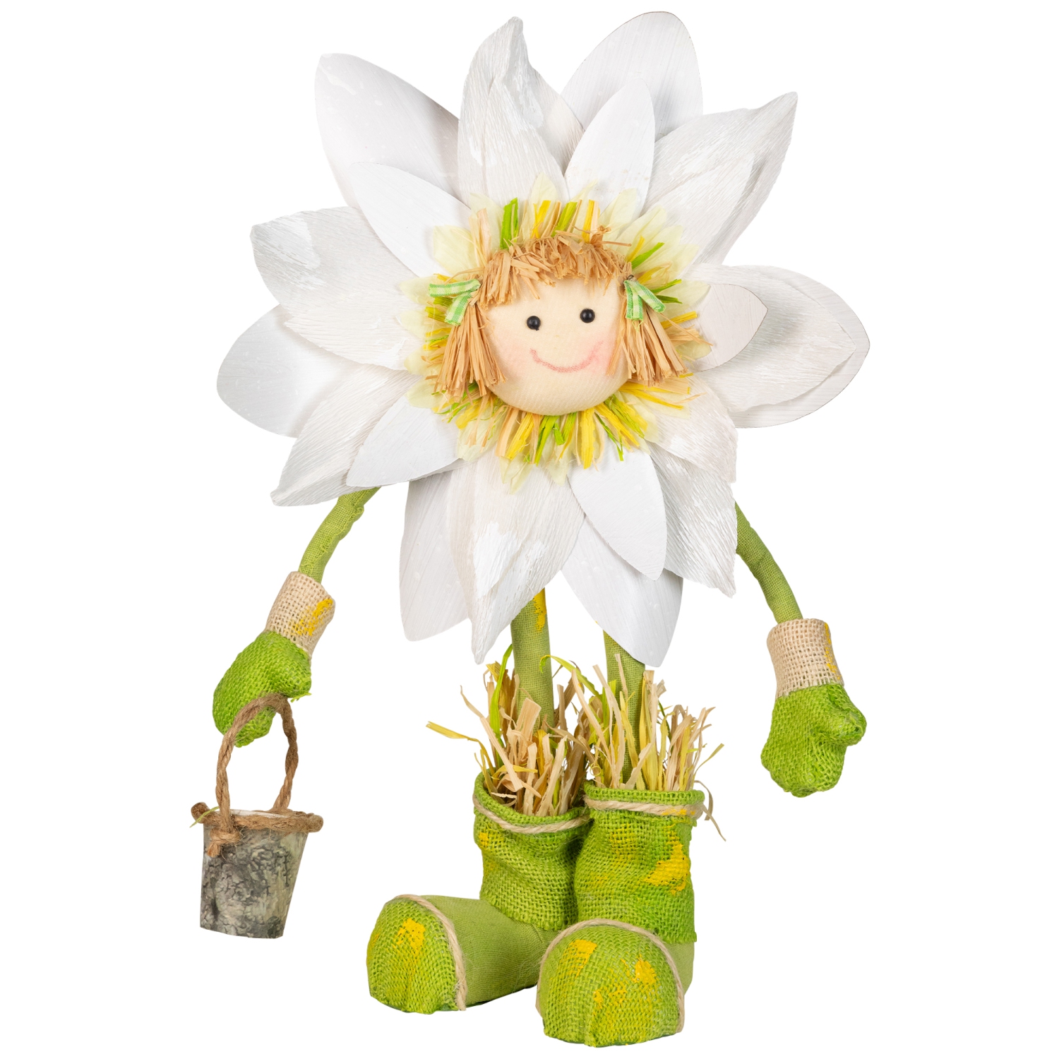 17" White, Green and Yellow Spring Floral Standing Sunflower Girl Decorative Figure