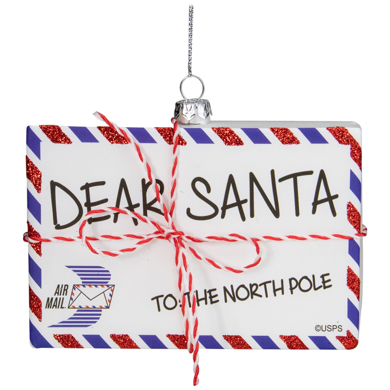 3.5" White Envelope "USPS Dear Santa" With Stripes Glass Christmas Ornament