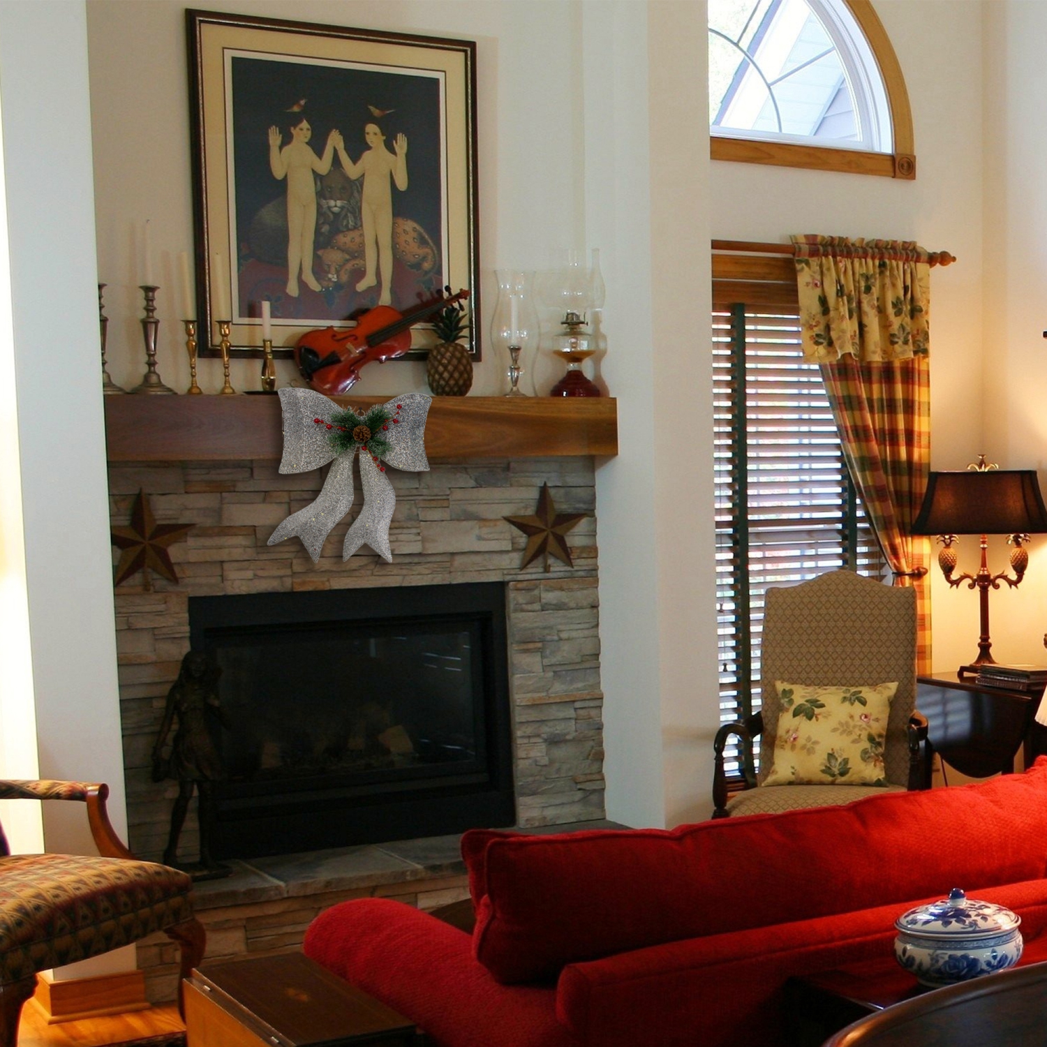 22" LED Lighted Silver Gradient Mesh Bow Christmas Decoration