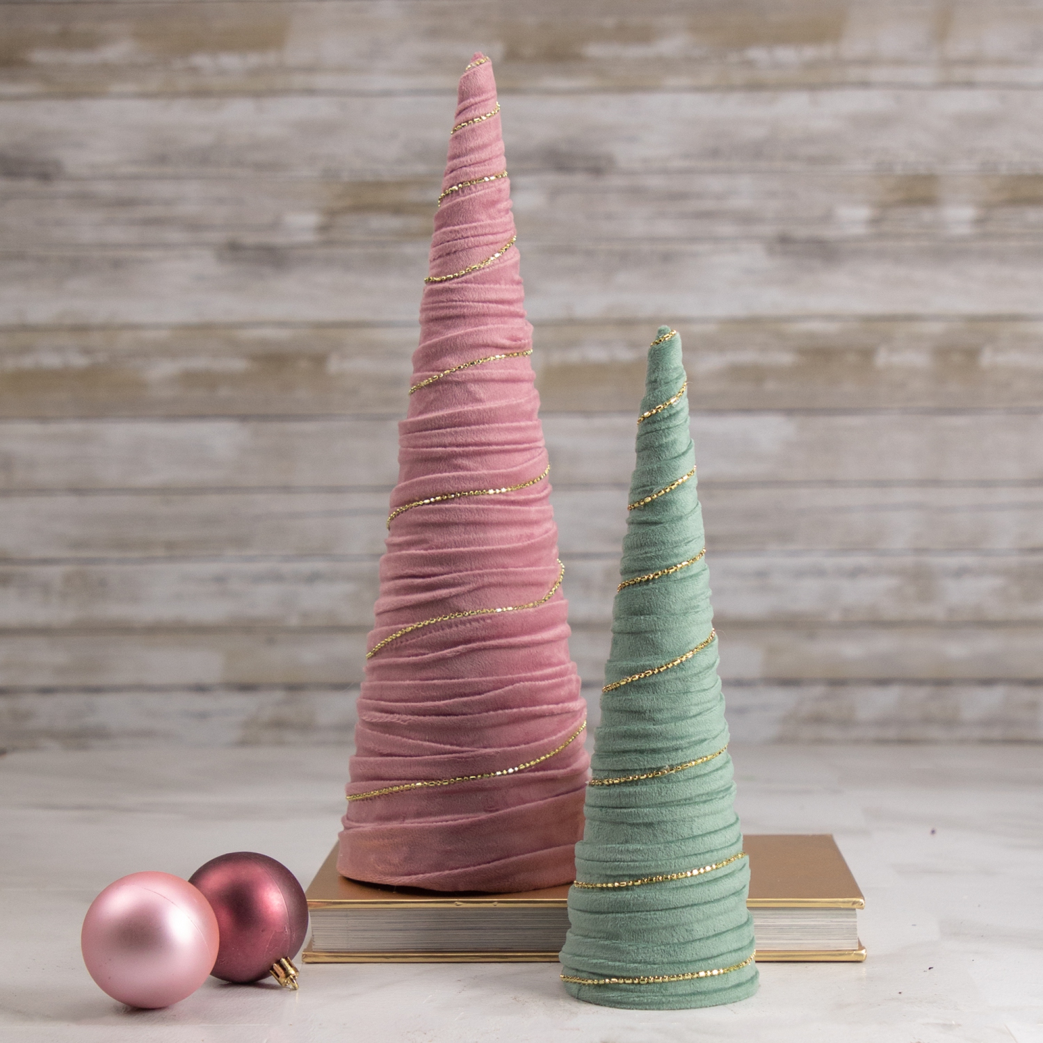11.5" Green Fabric with Gold Garland Christmas Cone Tree