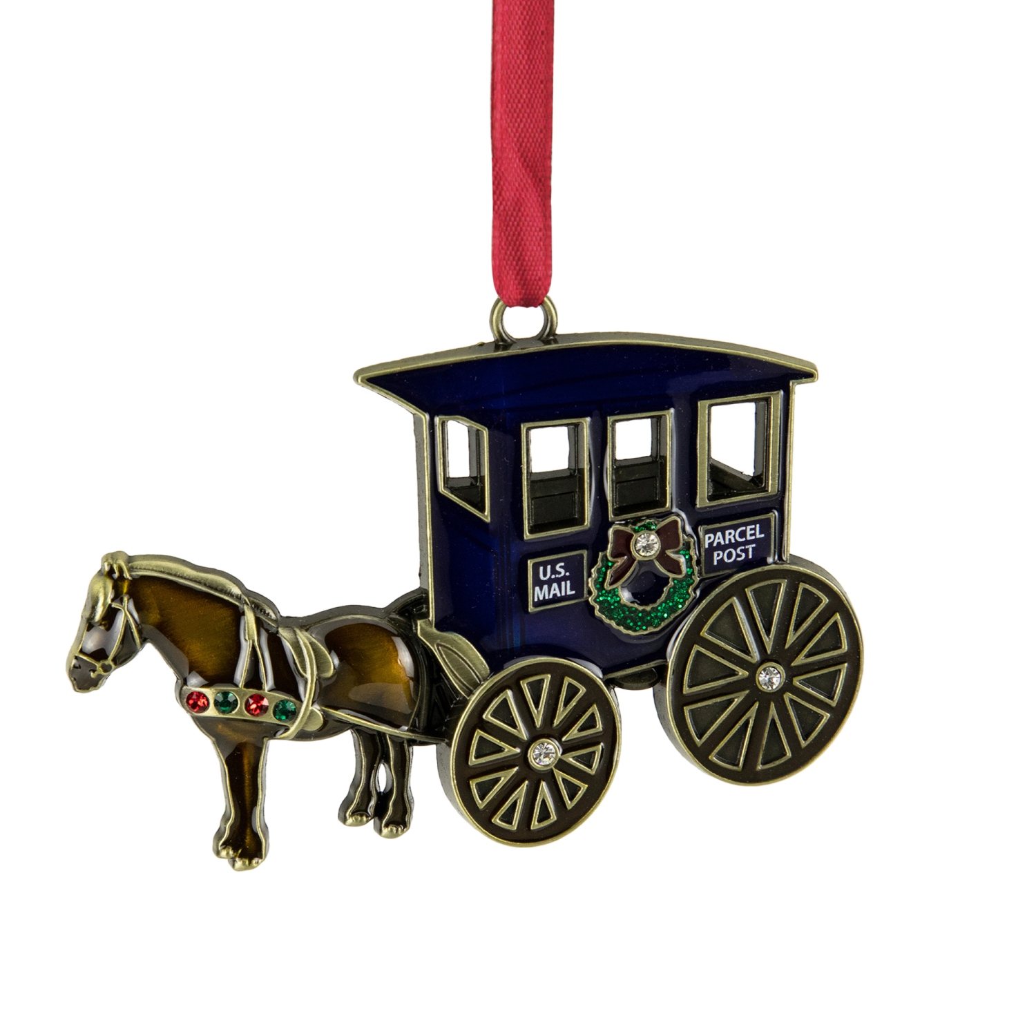 2.25" Antique Brass-Plated Horse and Buggy Christmas Ornament with European Crystals