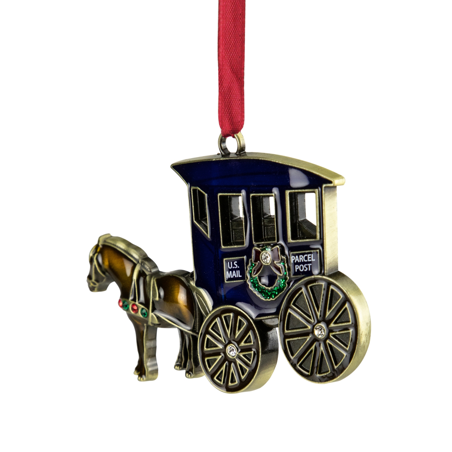 2.25" Antique Brass-Plated Horse and Buggy Christmas Ornament with European Crystals