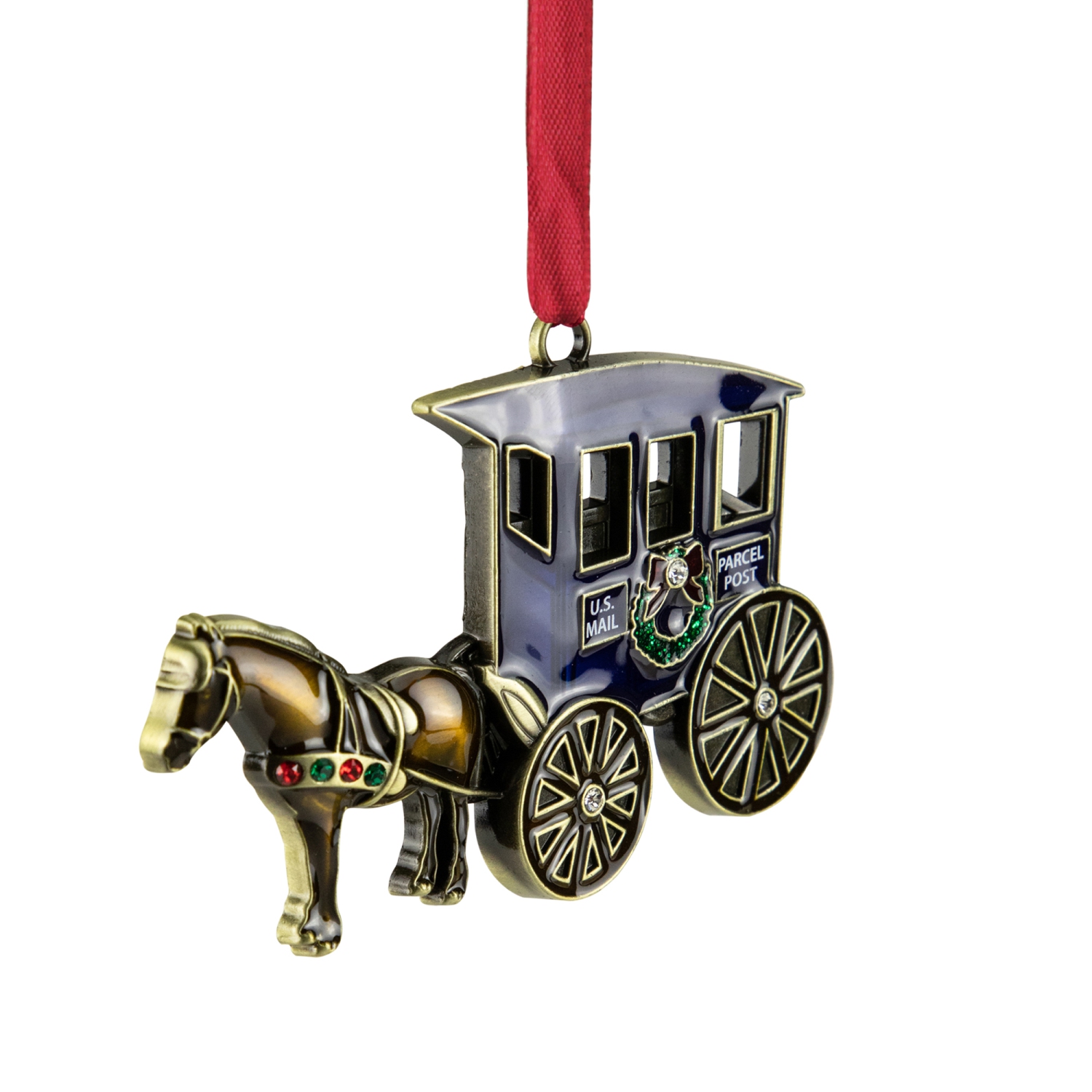 2.25" Antique Brass-Plated Horse and Buggy Christmas Ornament with European Crystals