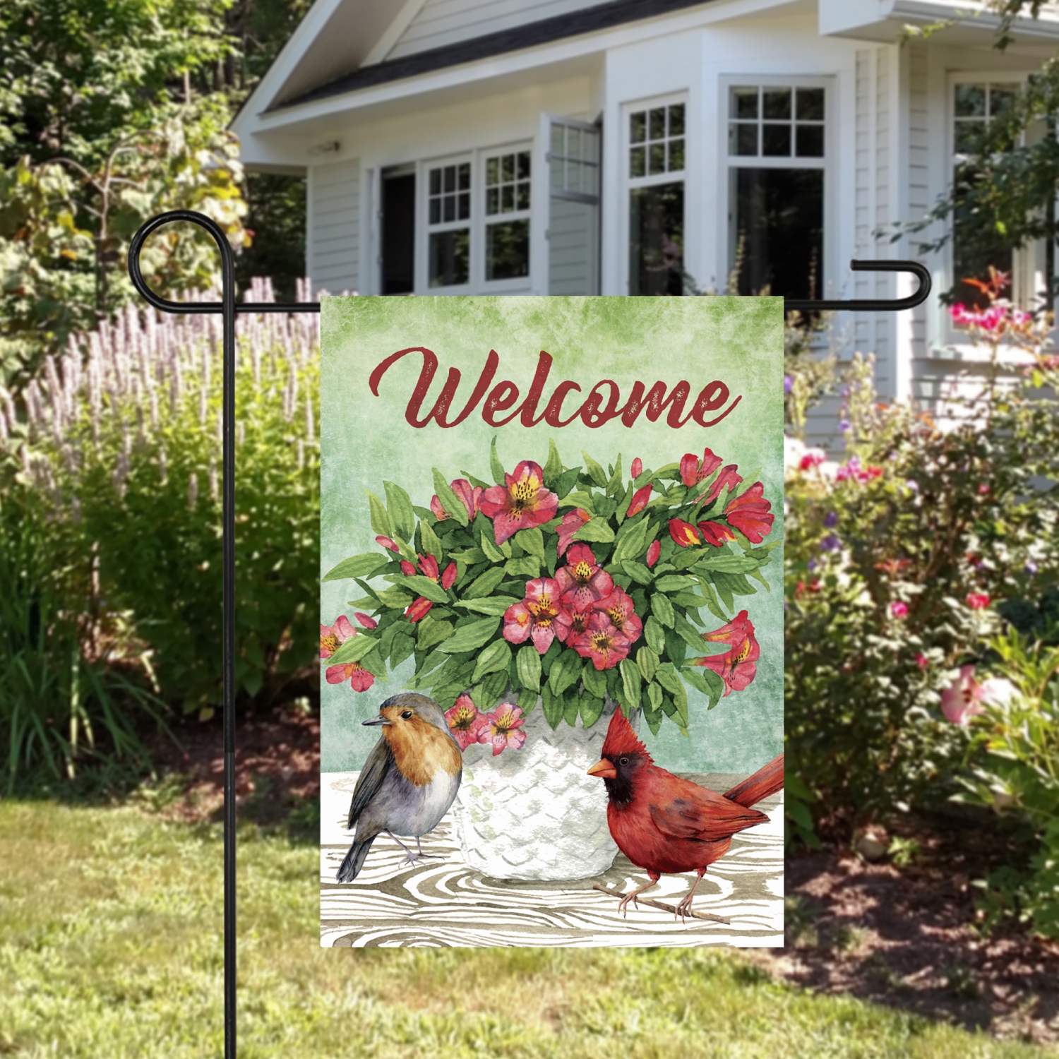 Welcome Cardinal Bird and Spring Bouquet Flag 28" x 40"