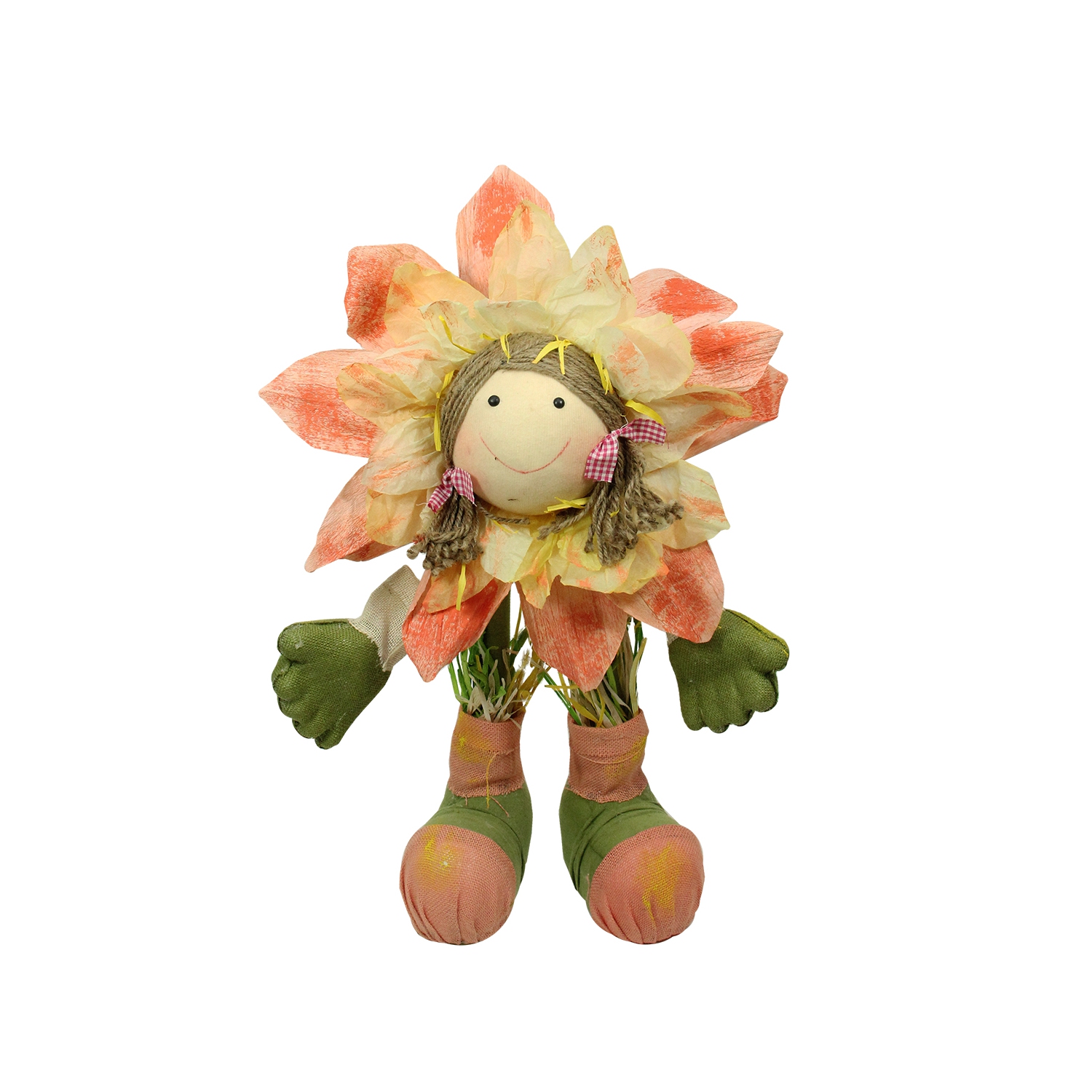 Figurine décorative fleurs de tournesol debout, pêche, vert et jaune, fille à la fleur de tournesol, 29 po