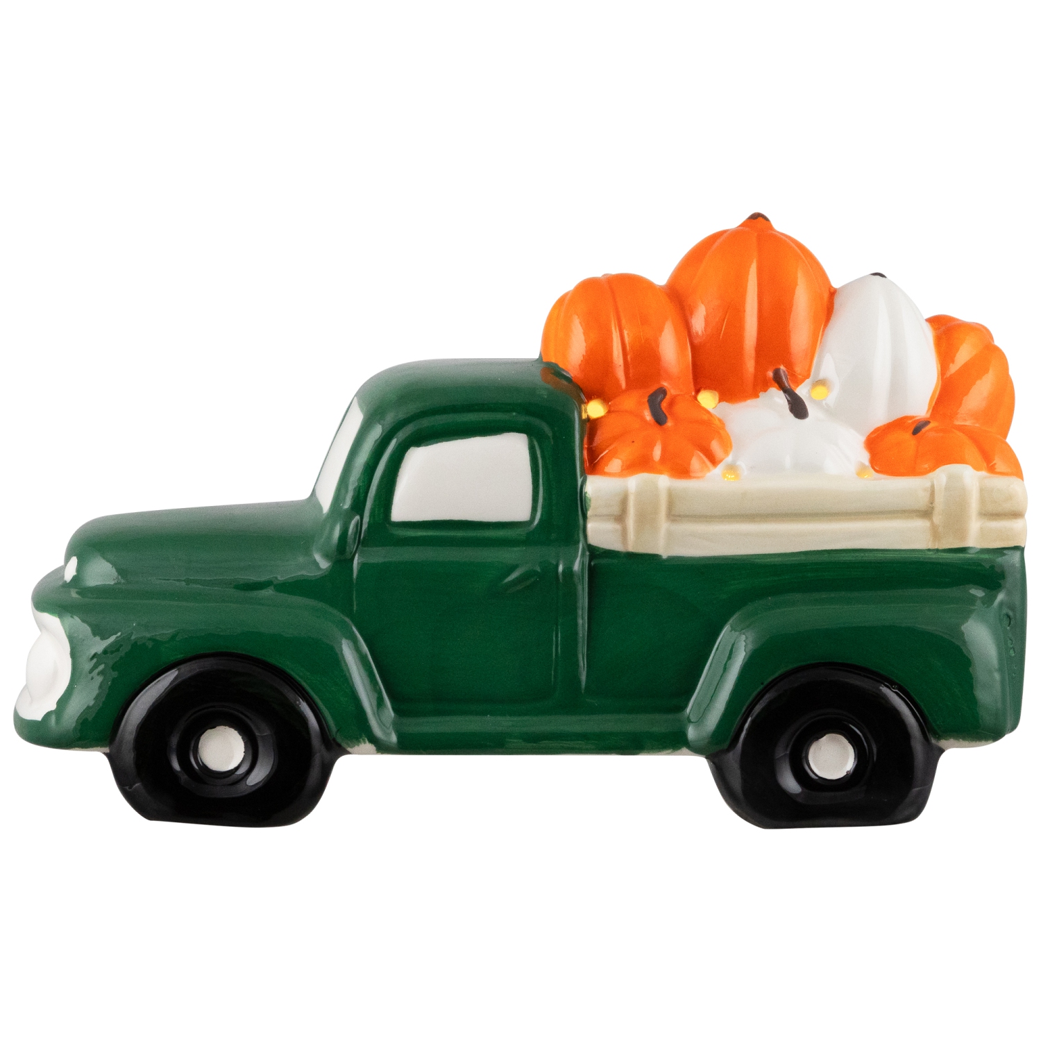9.5" LED Lighted Green Ceramic Truck Hauling Pumpkins Autumn Harvest Decoration