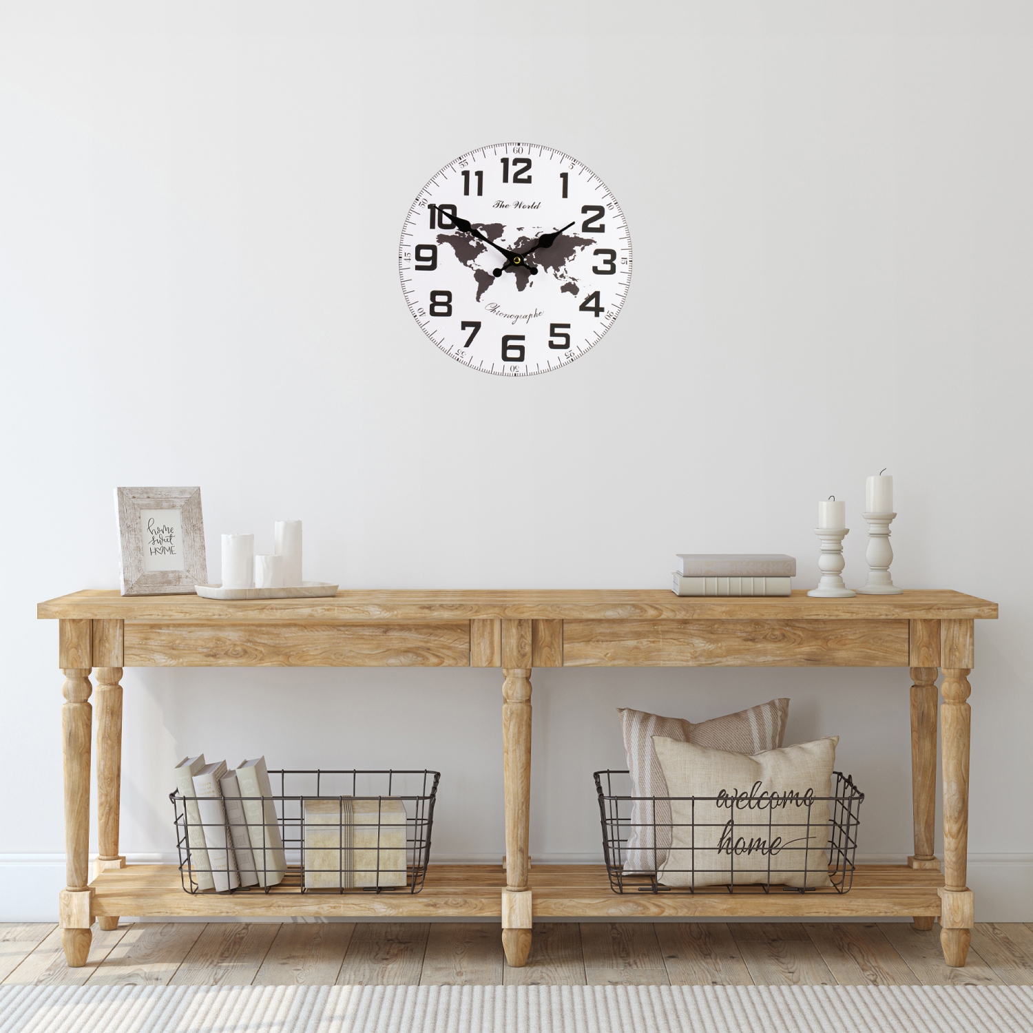 12" White and Black Battery Operated Round Wall Clock with Continent Design