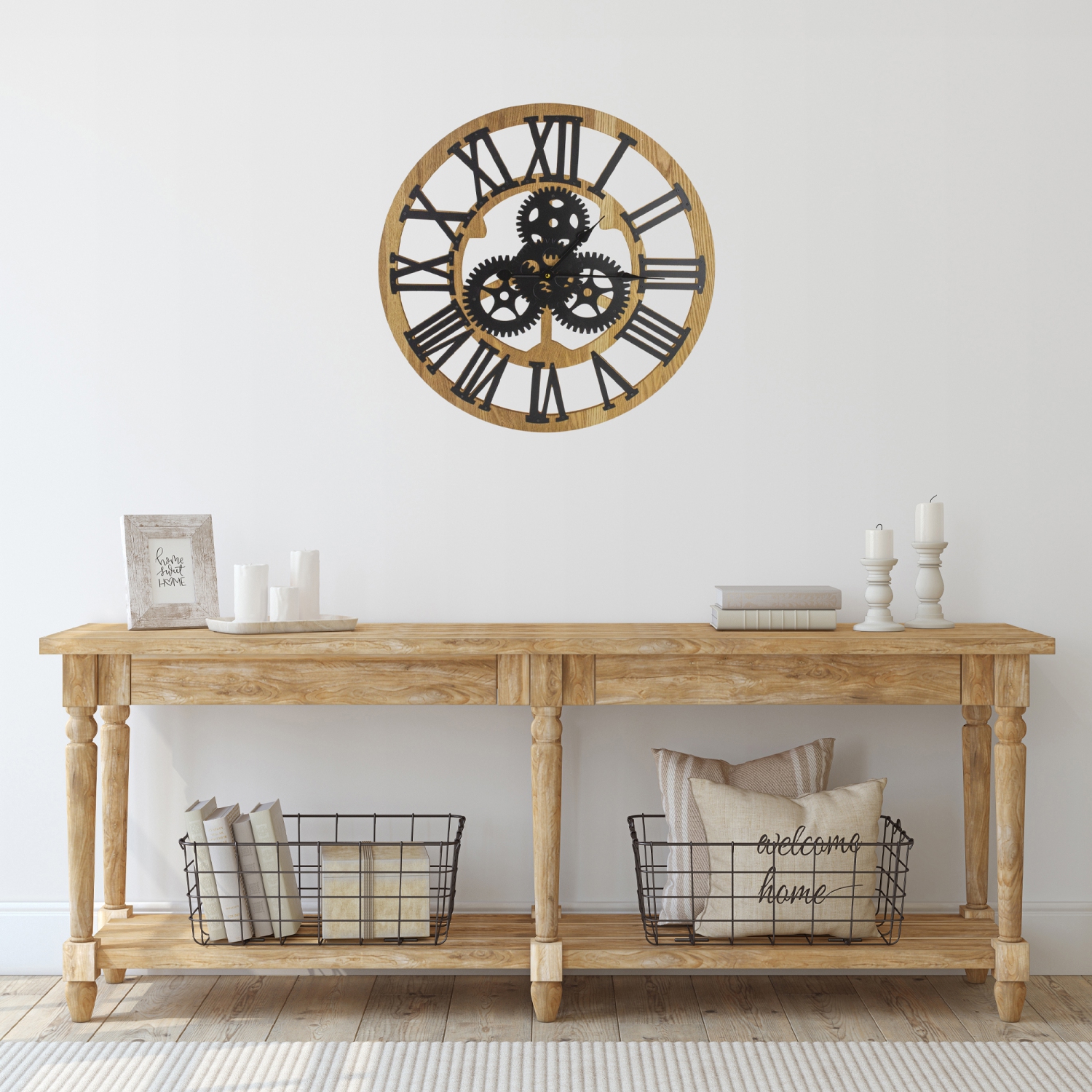 Horloge murale ronde de 24 po à chiffres romains et à piles avec engrenages