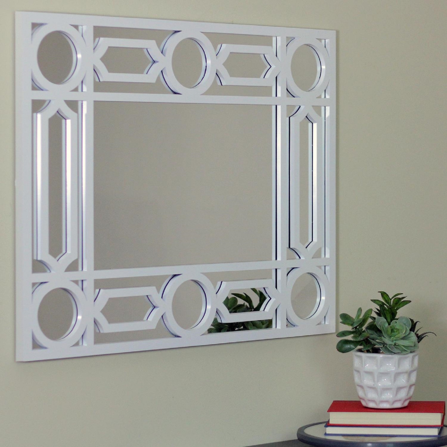 29.5" White Framed Geometric Openwork Rectangular Wall Mirror