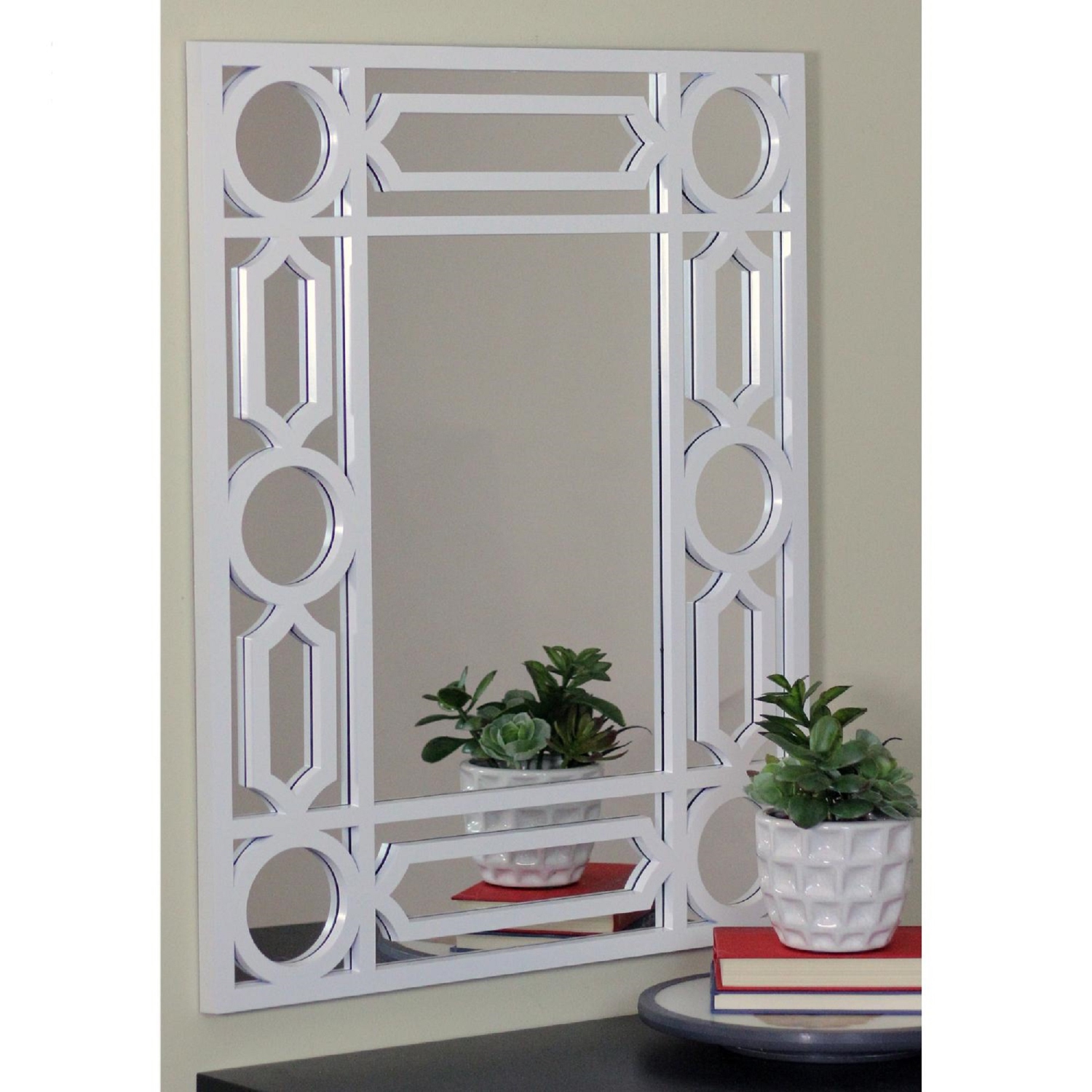 29.5" White Framed Geometric Openwork Rectangular Wall Mirror