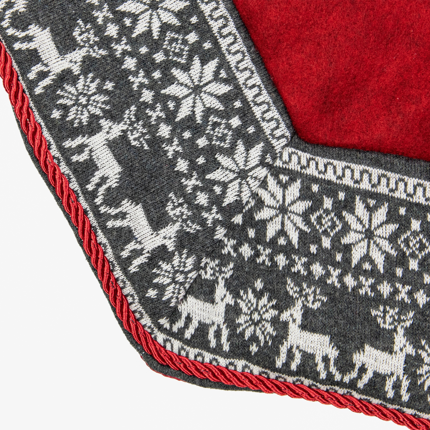 50" Red Heptagon with Gray and White Snowflakes & Reindeer Knit Border Christmas Tree Skirt