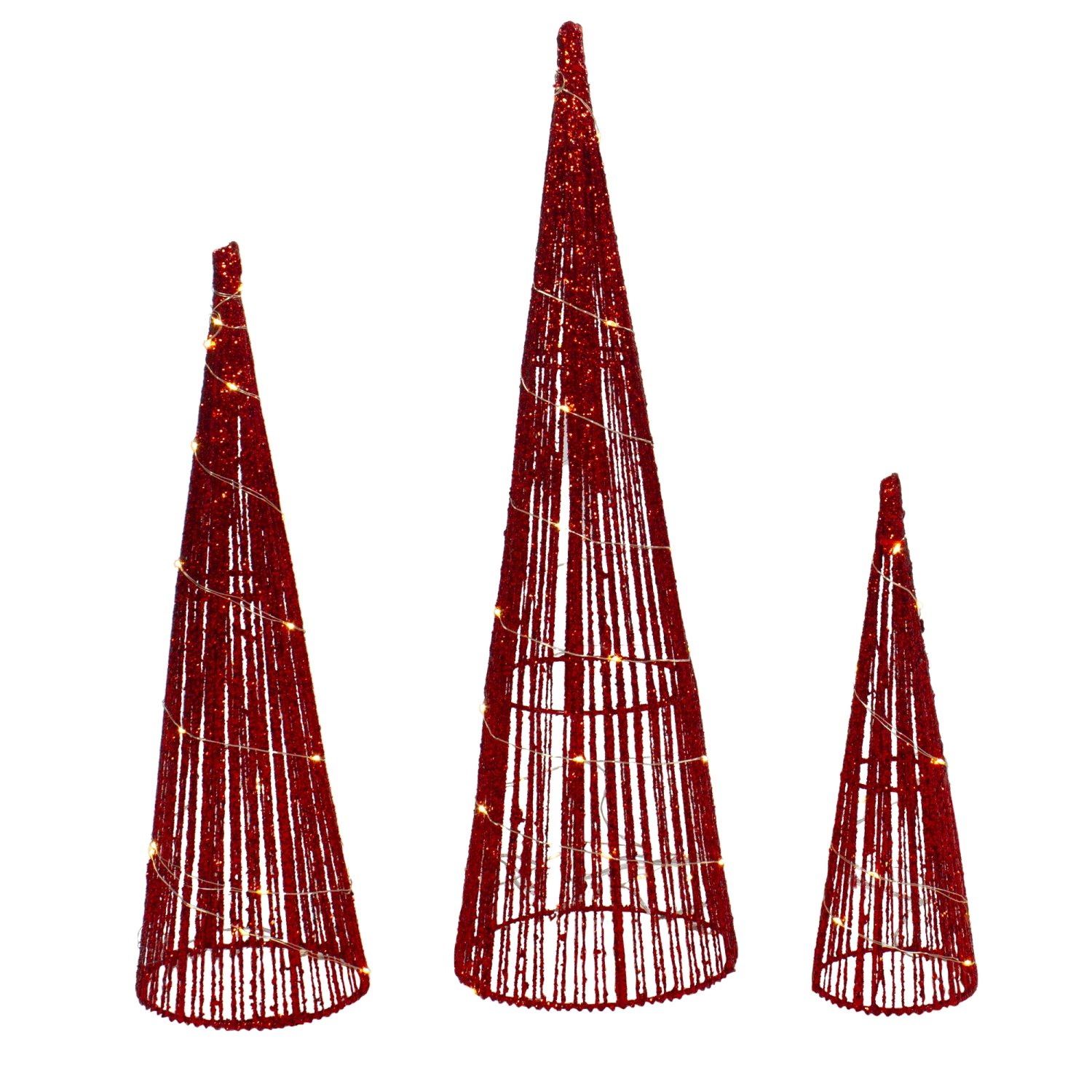 Set of 3 LED Lighted Red Glitter Cone Tree Outdoor Christmas Decorations 23.5"