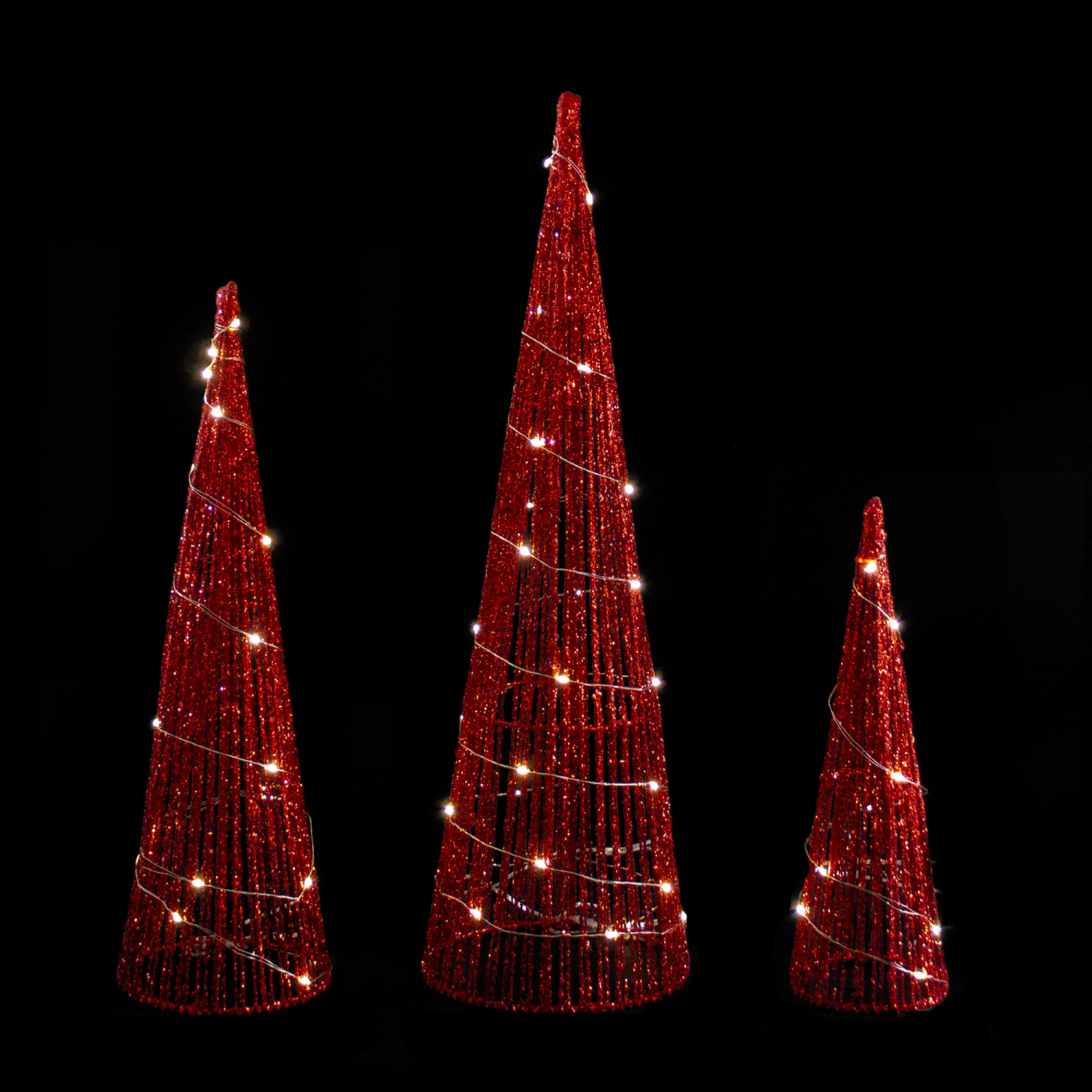Set of 3 LED Lighted Red Glitter Cone Tree Outdoor Christmas Decorations 23.5"