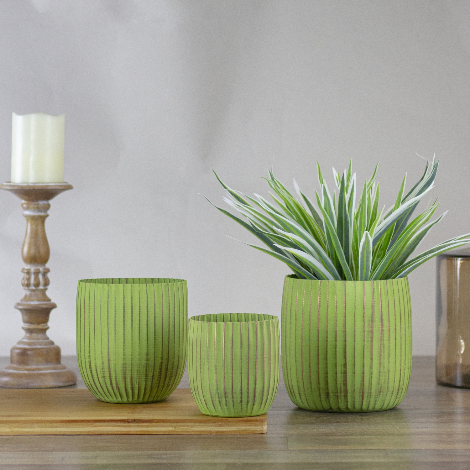 Set of 3 Green and Gold Ribbed Planter 6.25"