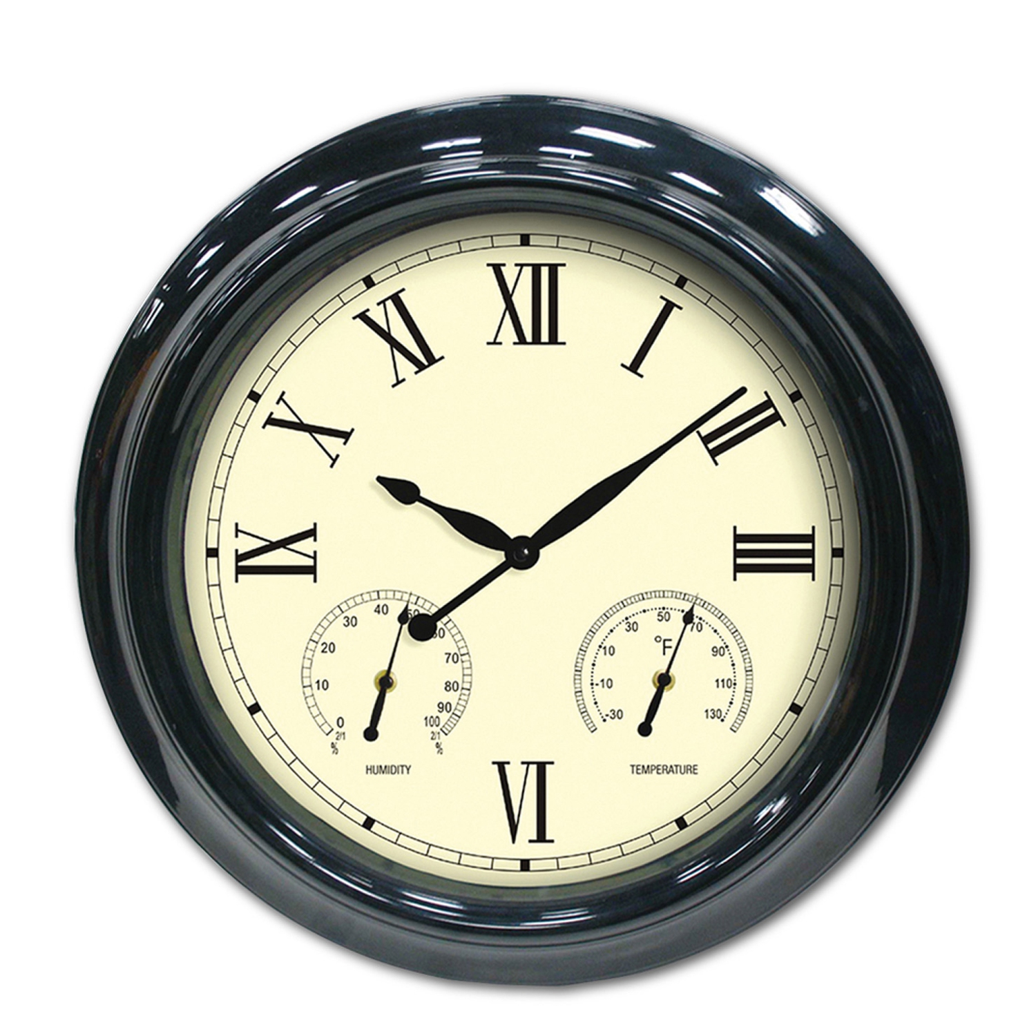 Horloge murale extérieure noire de 18 po avec hygromètre et thermomètre