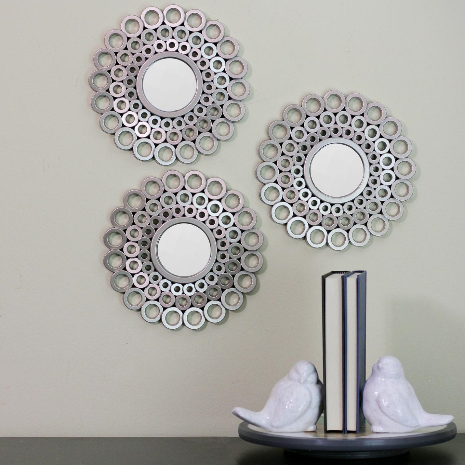 Set of 3 Round Gray Cascading Angular Orbs Mirrors 10"