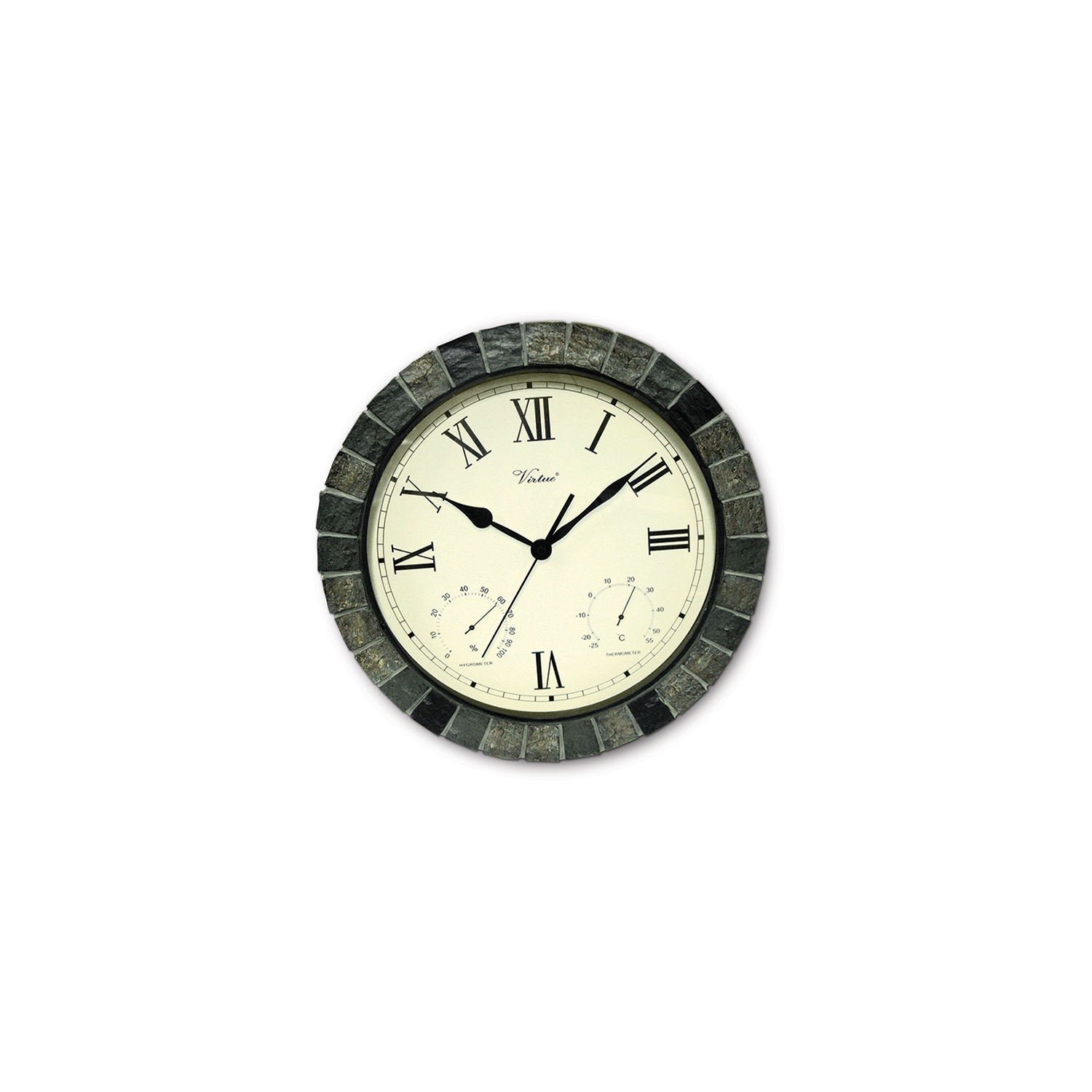 15" Battery Operated Faux Stone Large Print Roman Numeral Outdoor Clock with Thermometer and Hygrometer