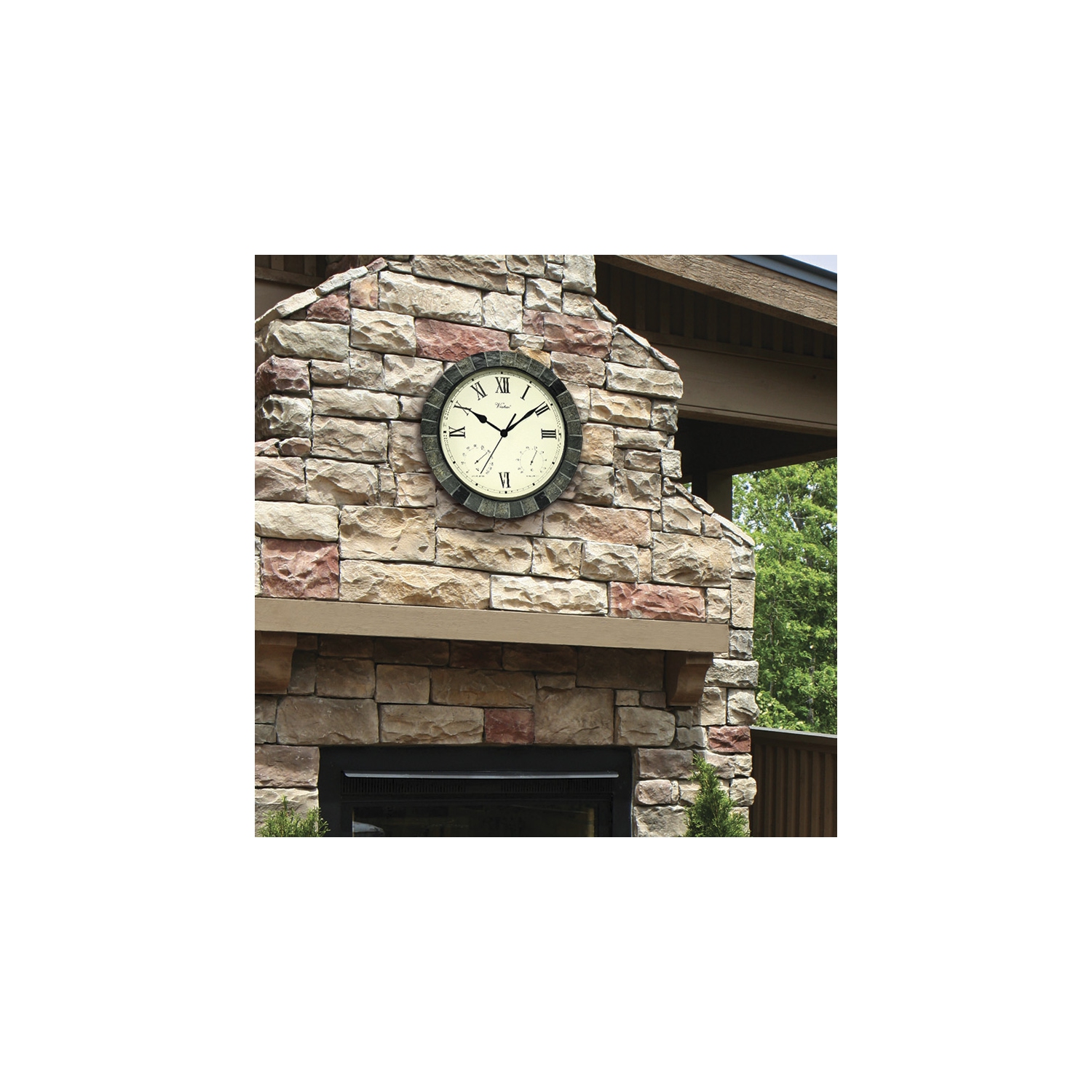15" Battery Operated Faux Stone Large Print Roman Numeral Outdoor Clock with Thermometer and Hygrometer