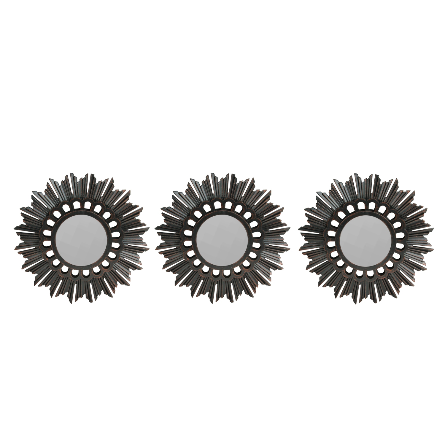 Set of 3 Floral Sunburst Brushed Bronze Round Wall Mirrors 9.5"