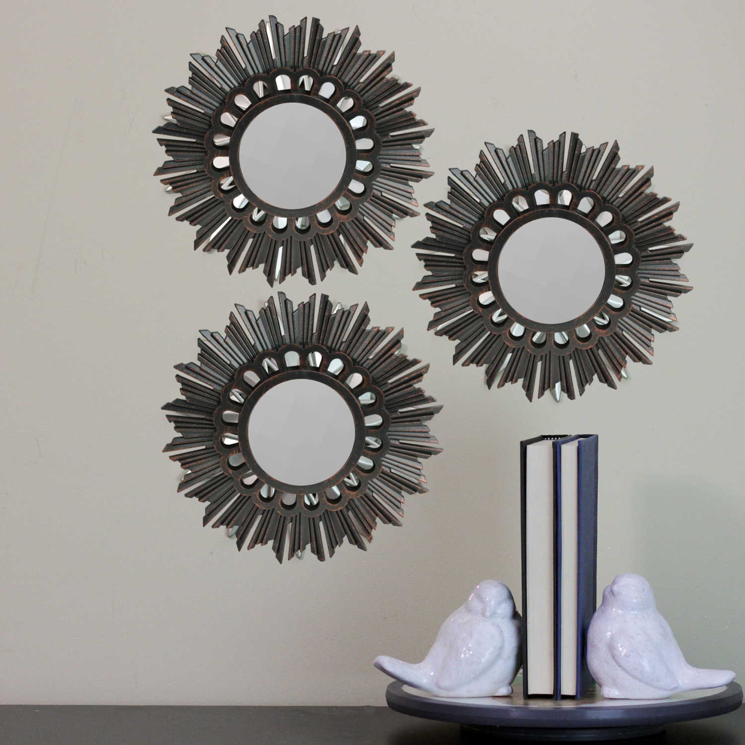 Set of 3 Floral Sunburst Brushed Bronze Round Wall Mirrors 9.5"