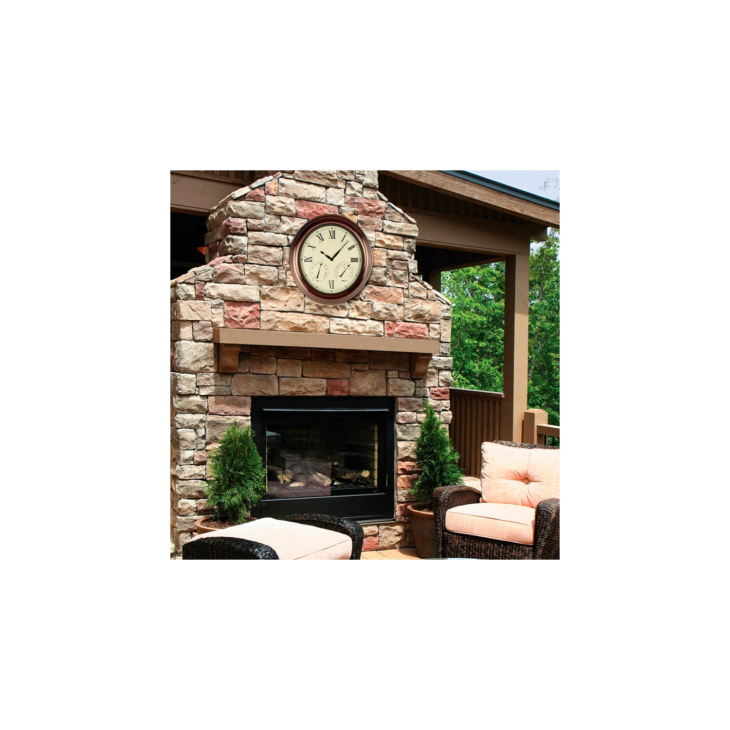 15" White Battery Operated Large Print Roman Numeral Outdoor Clock with Thermometer and Hygrometer