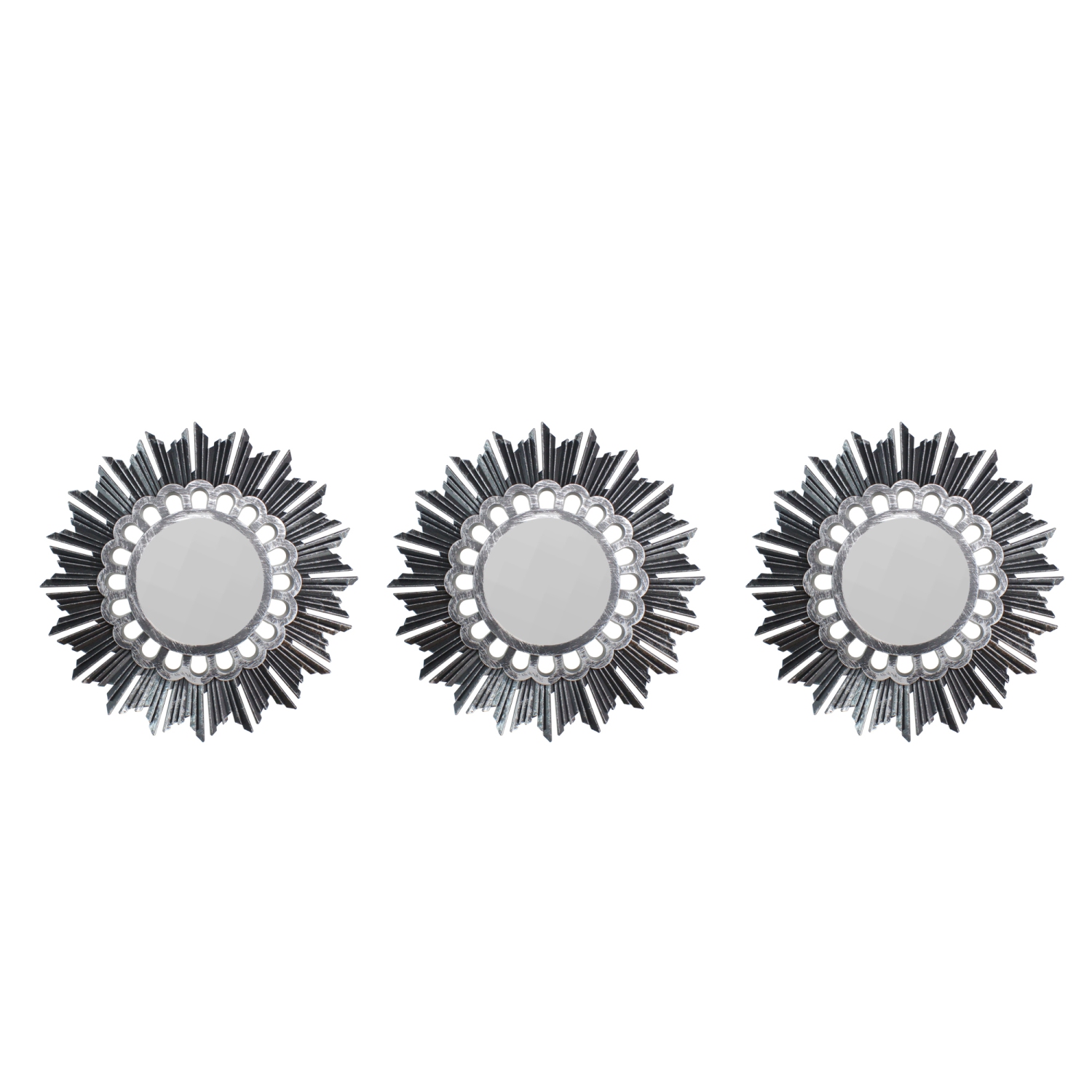 Set of 3 Floral Sunburst Brushed Silver Round Mirrors 9.5"