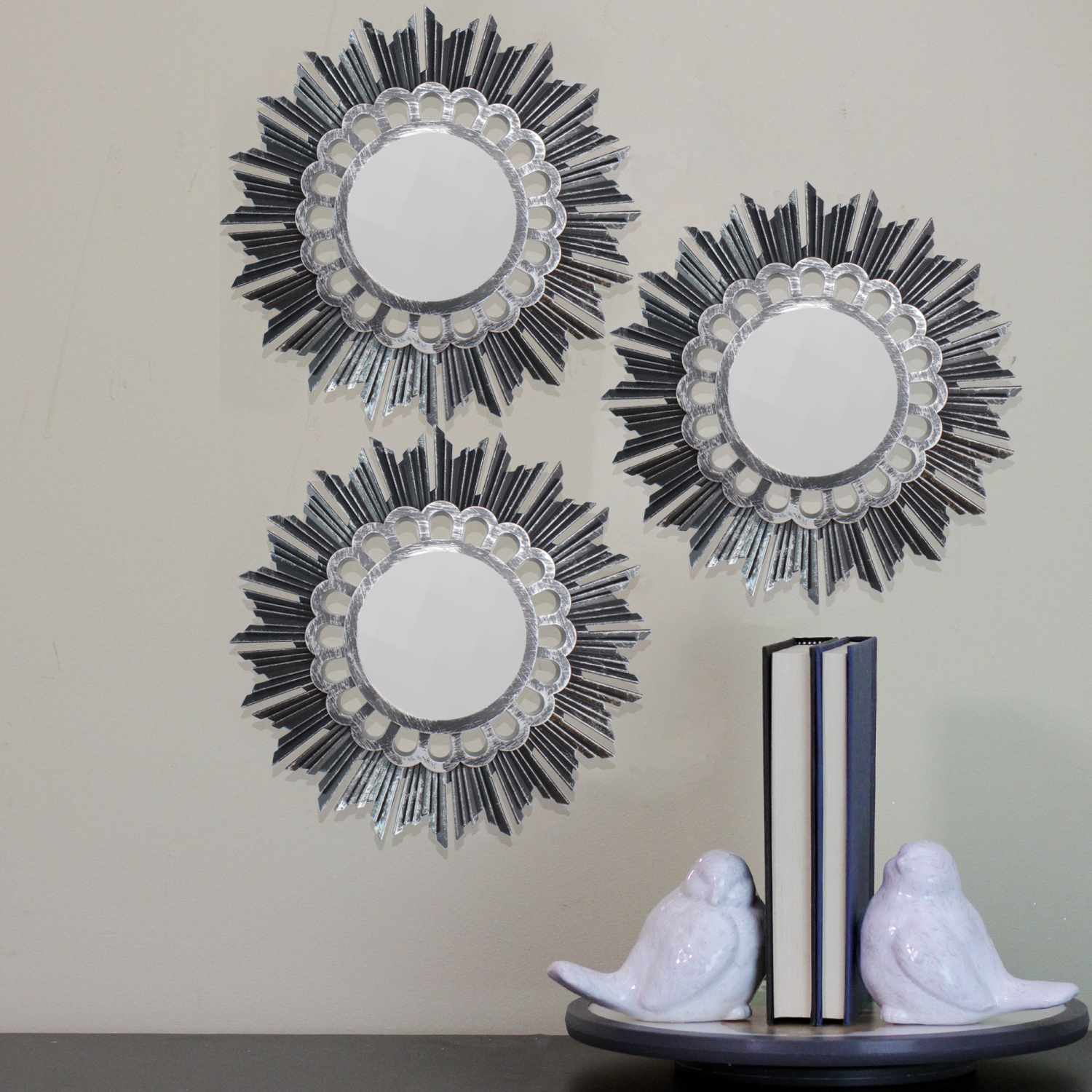 Set of 3 Floral Sunburst Brushed Silver Round Mirrors 9.5"
