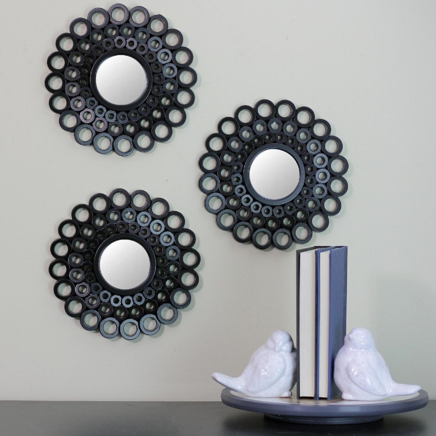 Set of 3 Round Black Cascading Angular Orbs Mirrors 9.5"