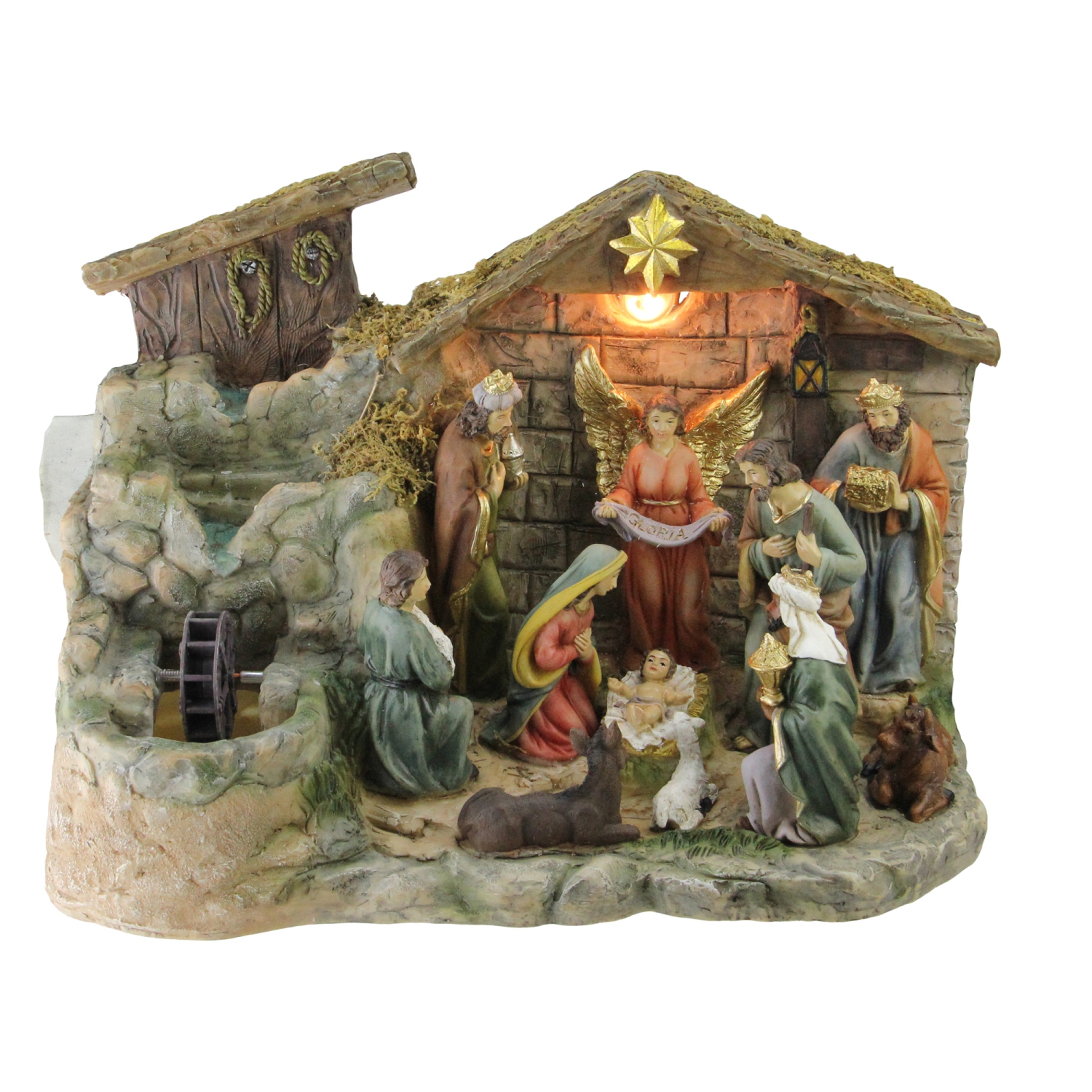 11-Piece Pre-Lit Brown Christmas Nativity Figurine Set with Water Fountain 11" - Warm White Light