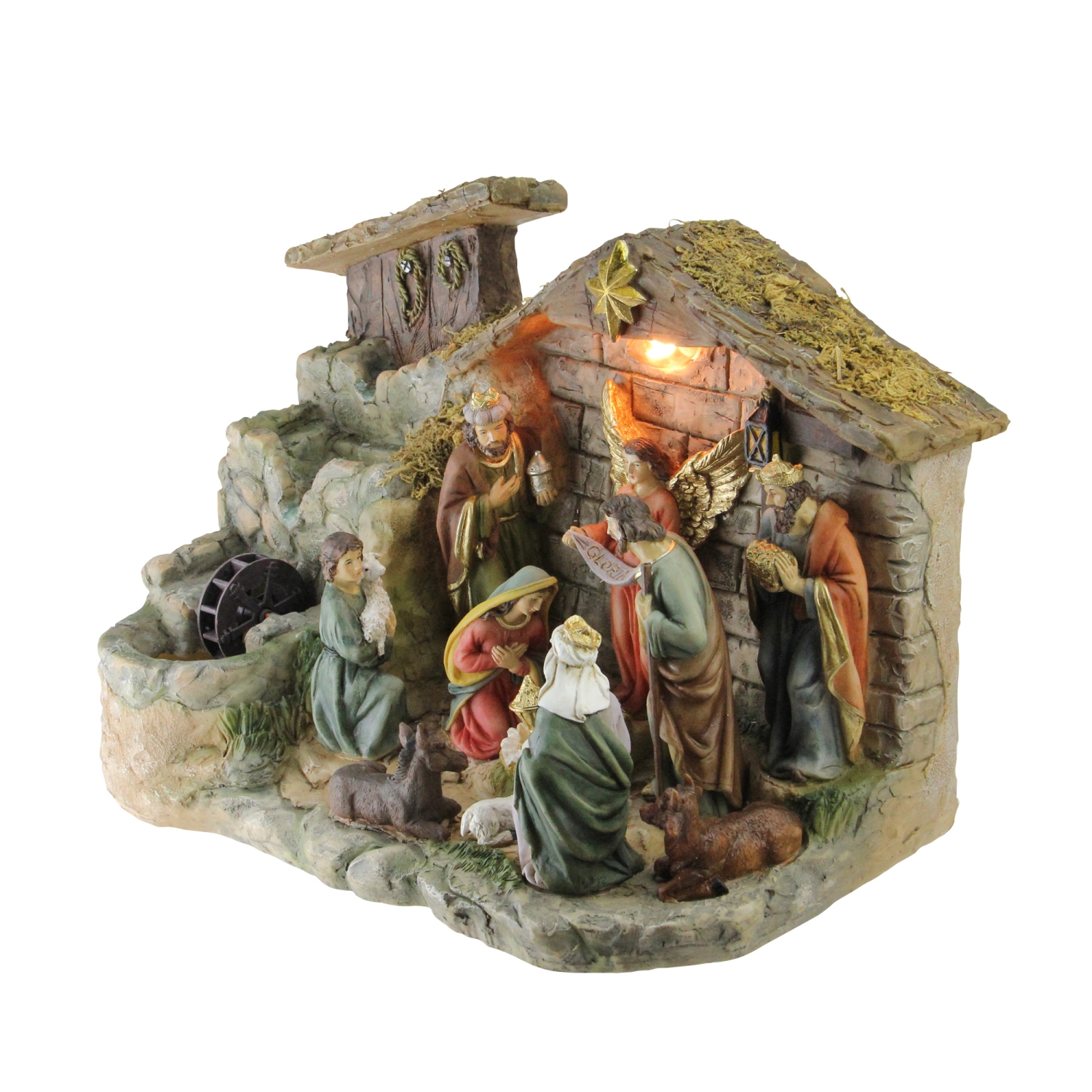 11-Piece Pre-Lit Brown Christmas Nativity Figurine Set with Water Fountain 11" - Warm White Light