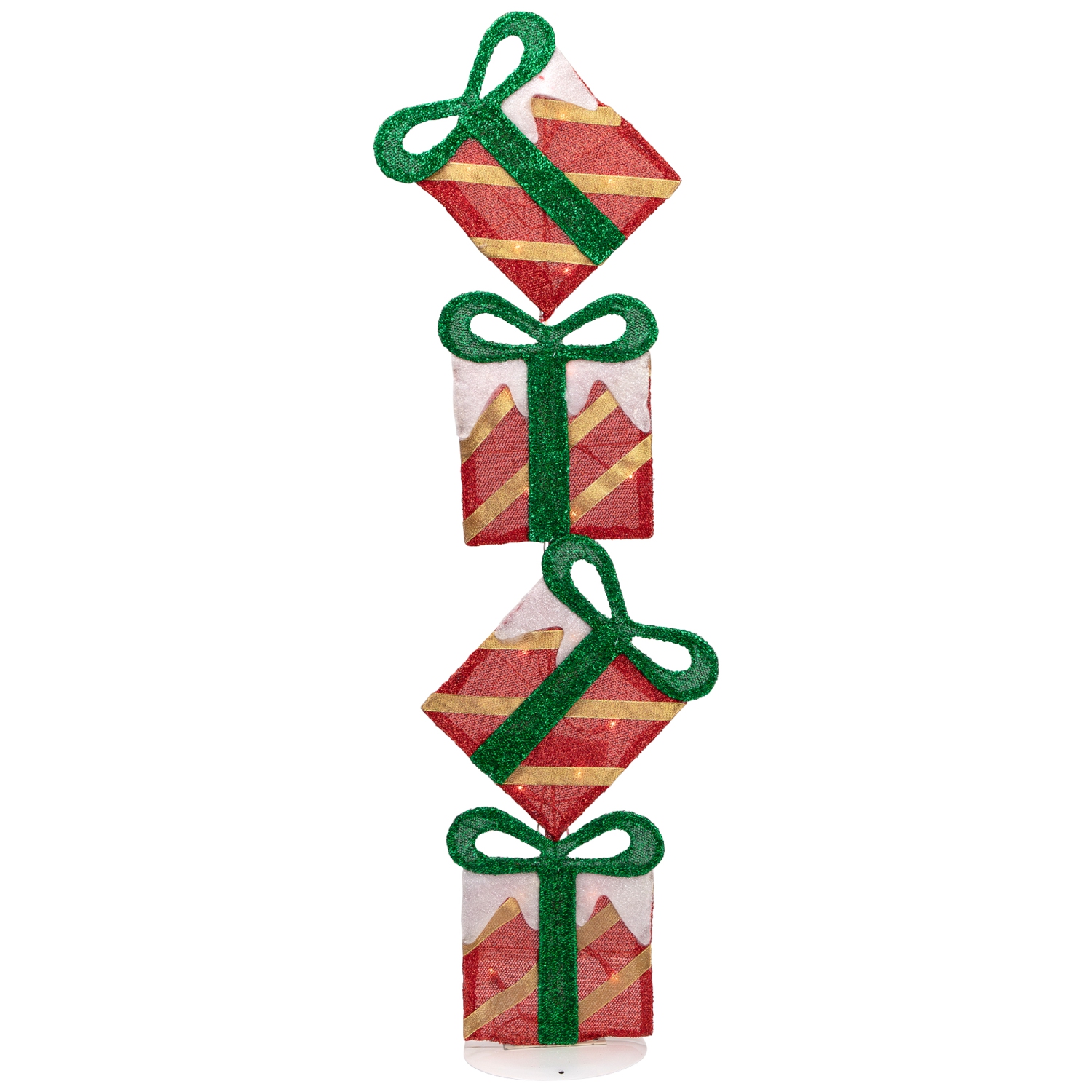 43" Red Striped Flat Tinsel Stacked Gift Box Lighted Outdoor Decoration