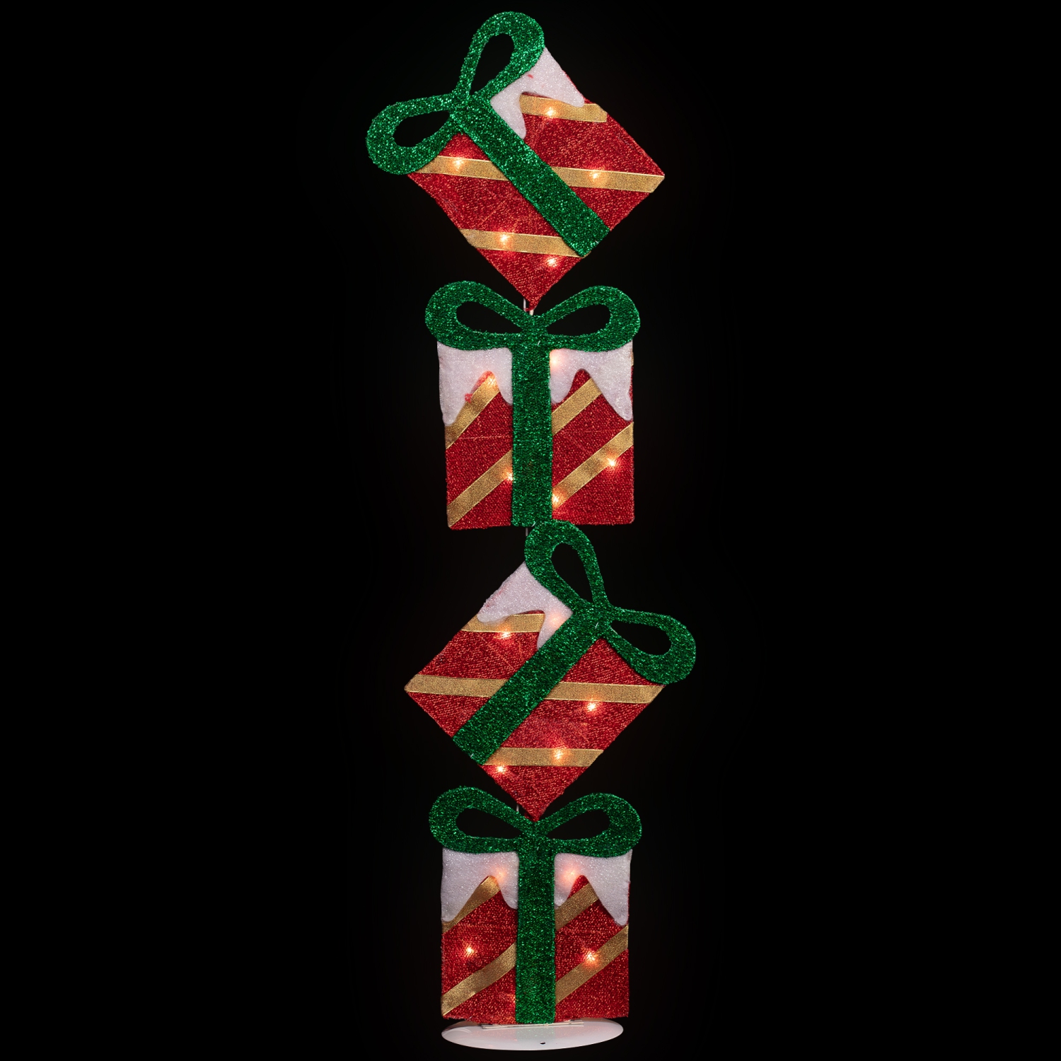 43" Red Striped Flat Tinsel Stacked Gift Box Lighted Outdoor Decoration